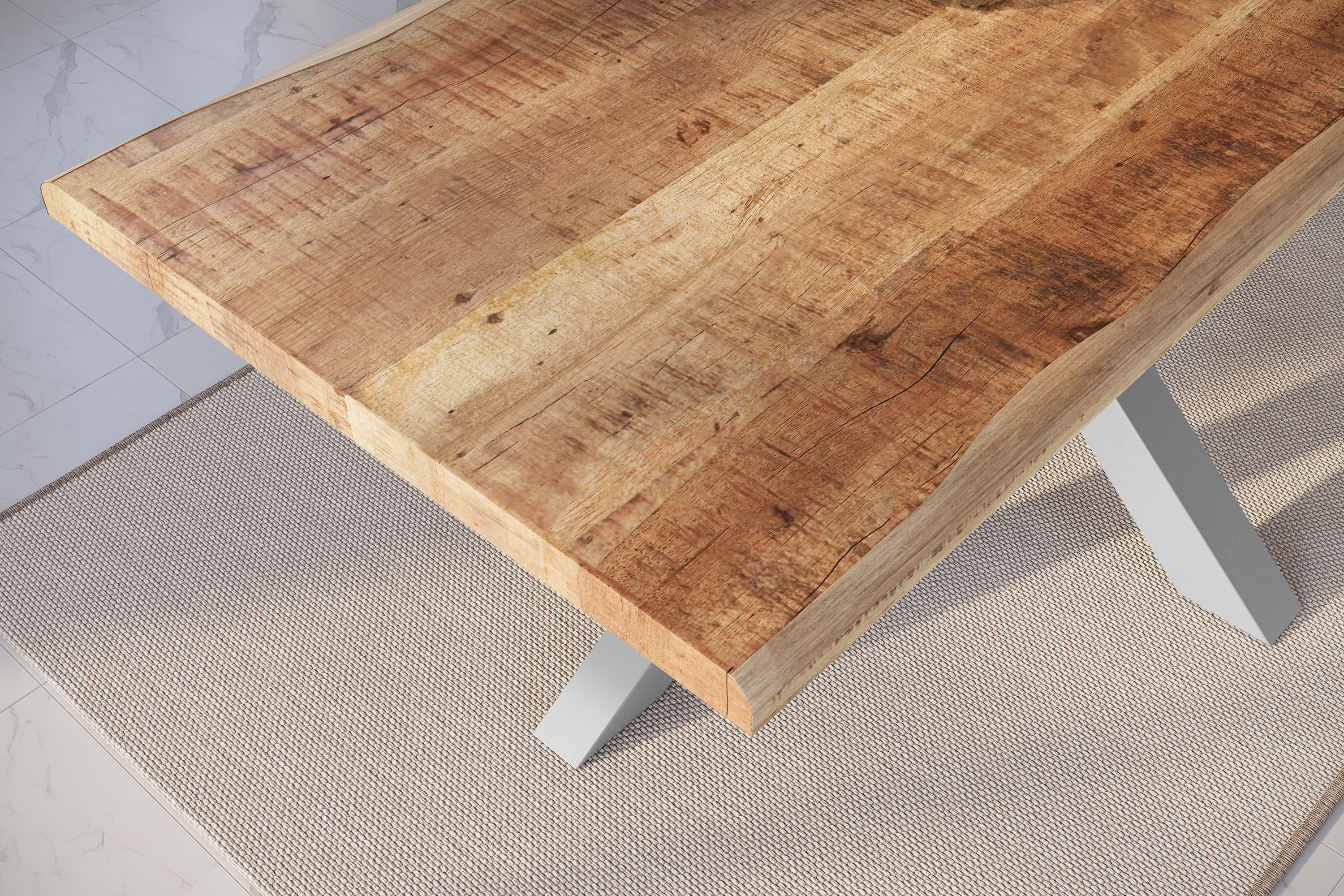 Esstisch Baumkante massiv Mango rough 220 x 100 Spider-Gestell silber ATLAS