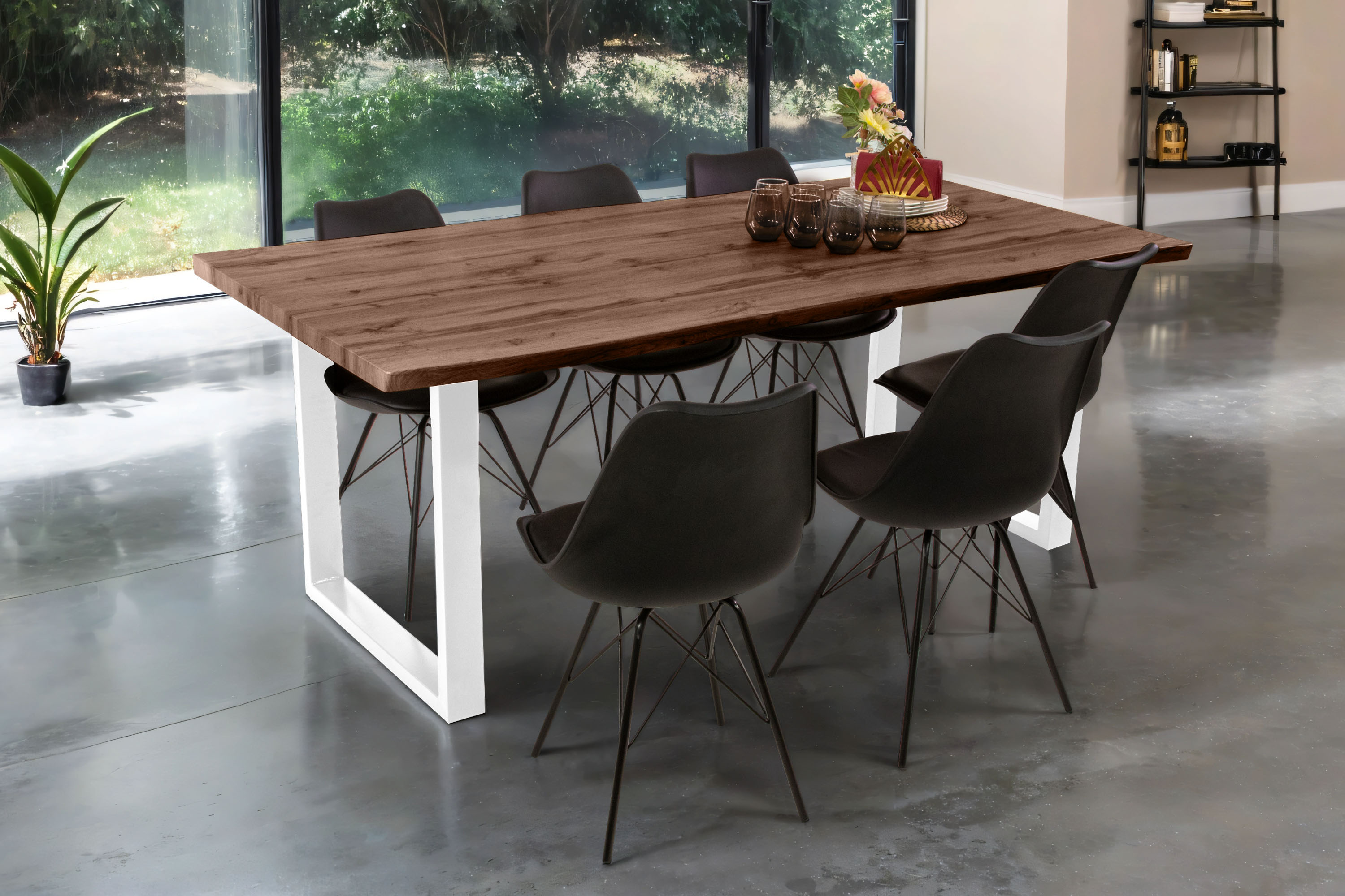 Esstisch Baumkante Holz-Optik Nussbaum 200 x 100 U-Gestell weiß JOSY