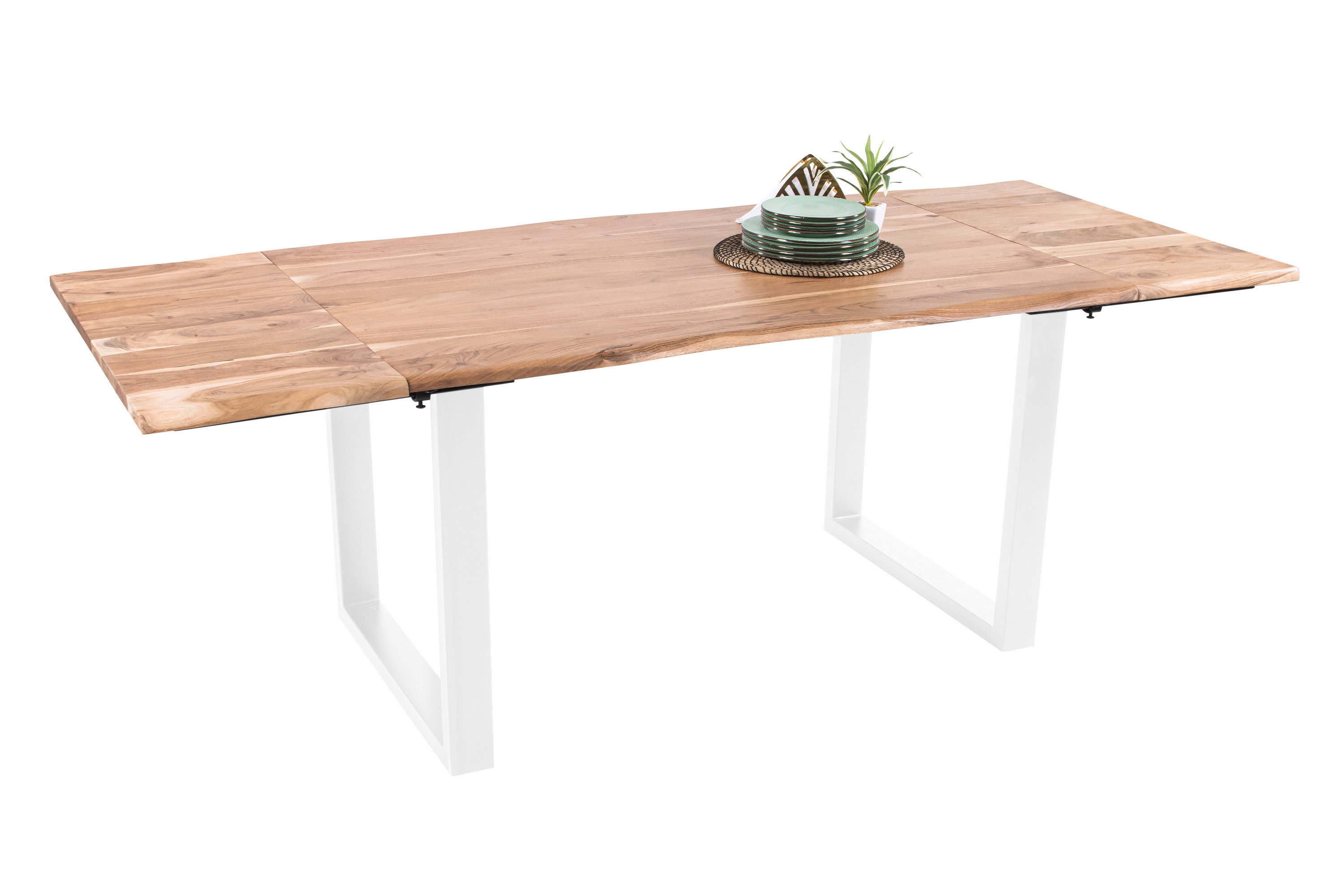 Esstisch Baumkante Akazie natur 140(220)x90 Ansteckplatten U-Gestell weiß AVINO