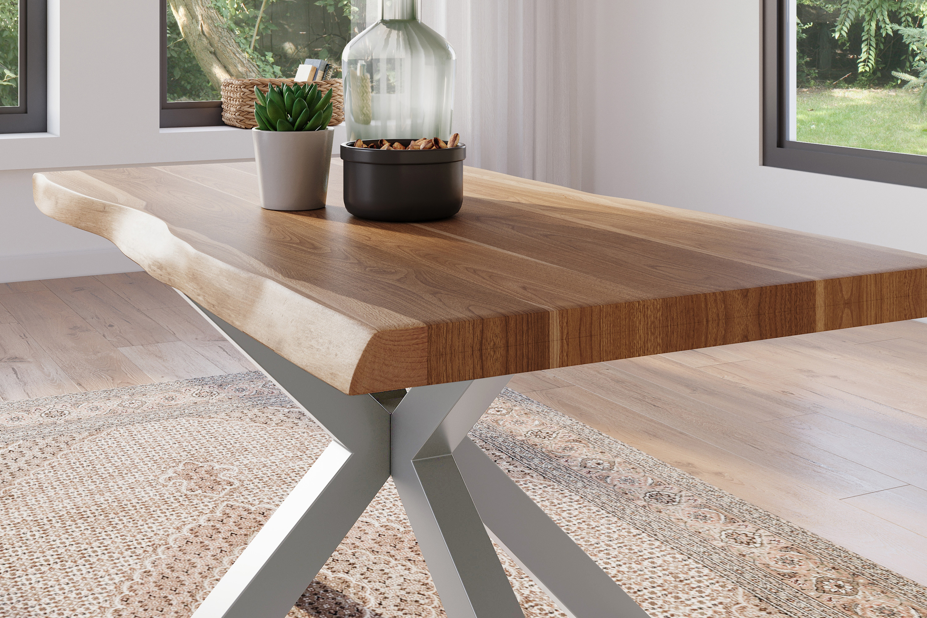 Esstisch Baumkante massiv Akazie natur 120 x 80 Spider-Gestell silber ATLAS