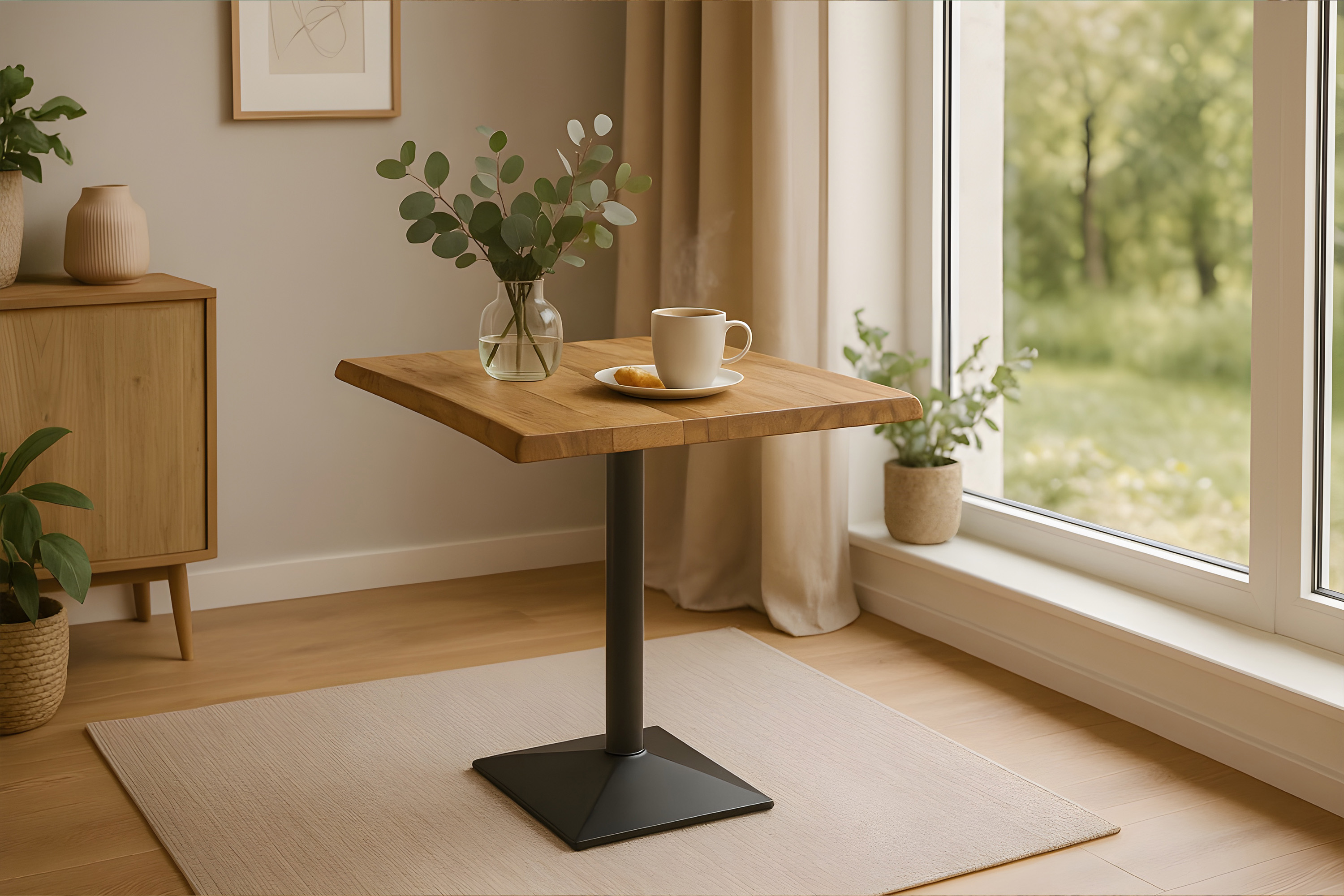 Bistrotisch Baumkante massiv 60 x 60 cm Mango rough schwarz Säulengestell INES
