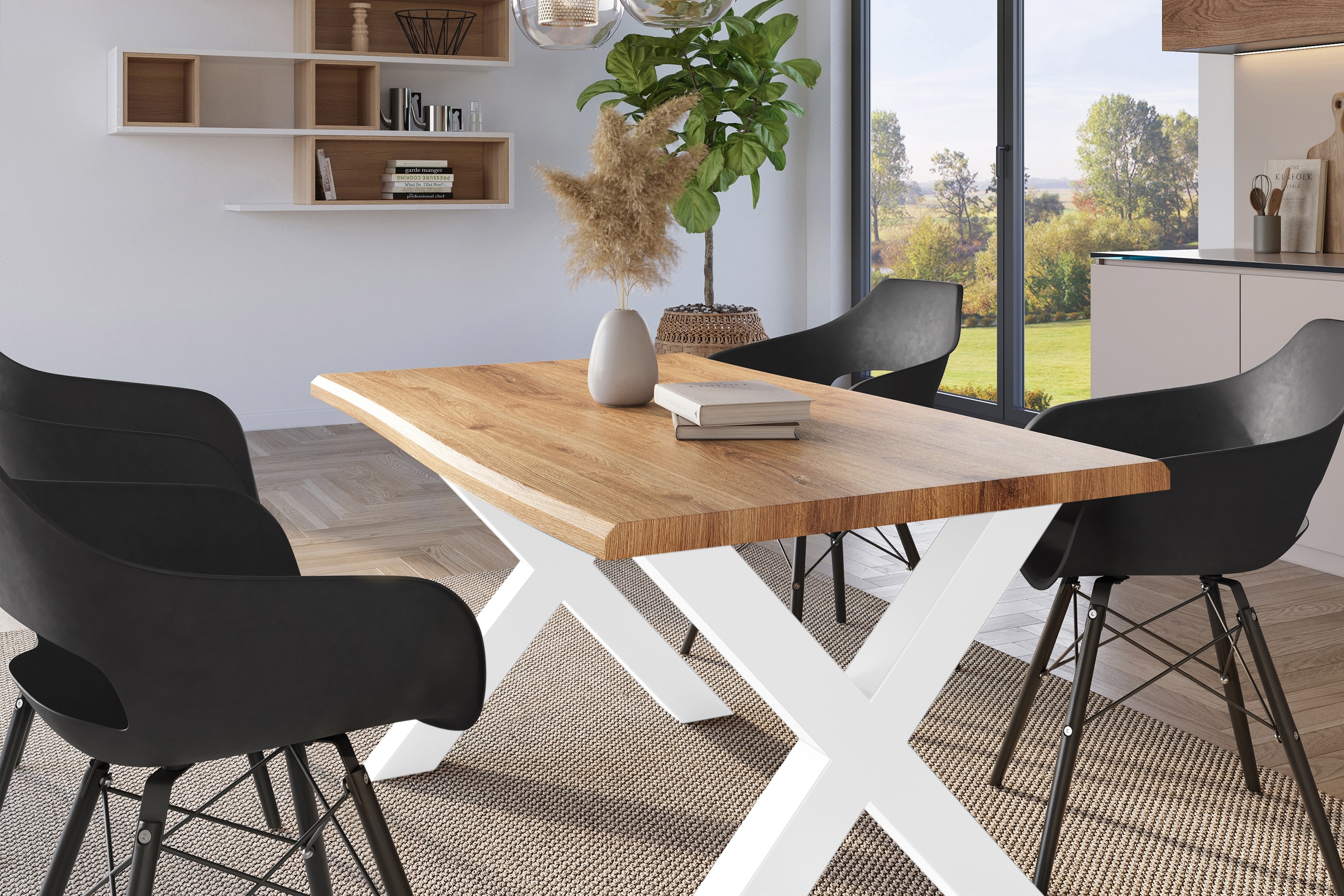 Esstisch Baumkante Holz-Optik Wildeiche 120 x 80 X-Gestell weiß JULIUS