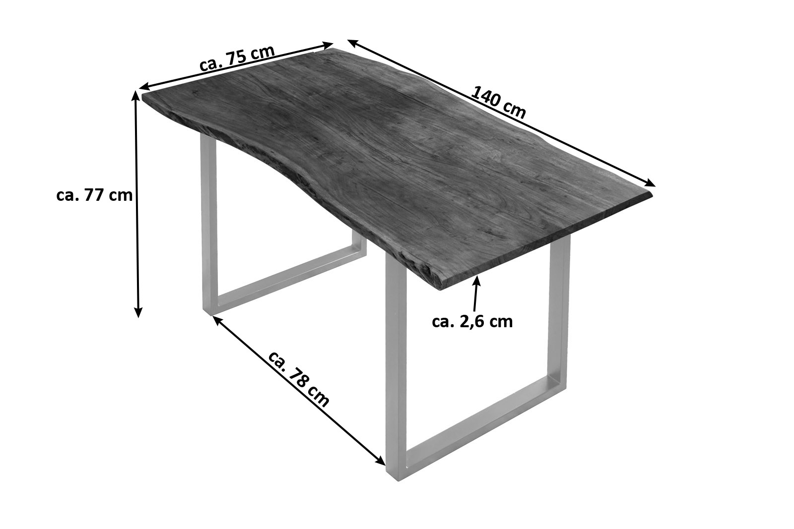 Esstisch Baumkante massiv Akazie nussbaumfarben 140 x 75 cm silber U-Gestell BILLY Esstisch Baumkante massiv Akazie nussbaumfarben 140 x 75 cm silber U-Gestell BILLY