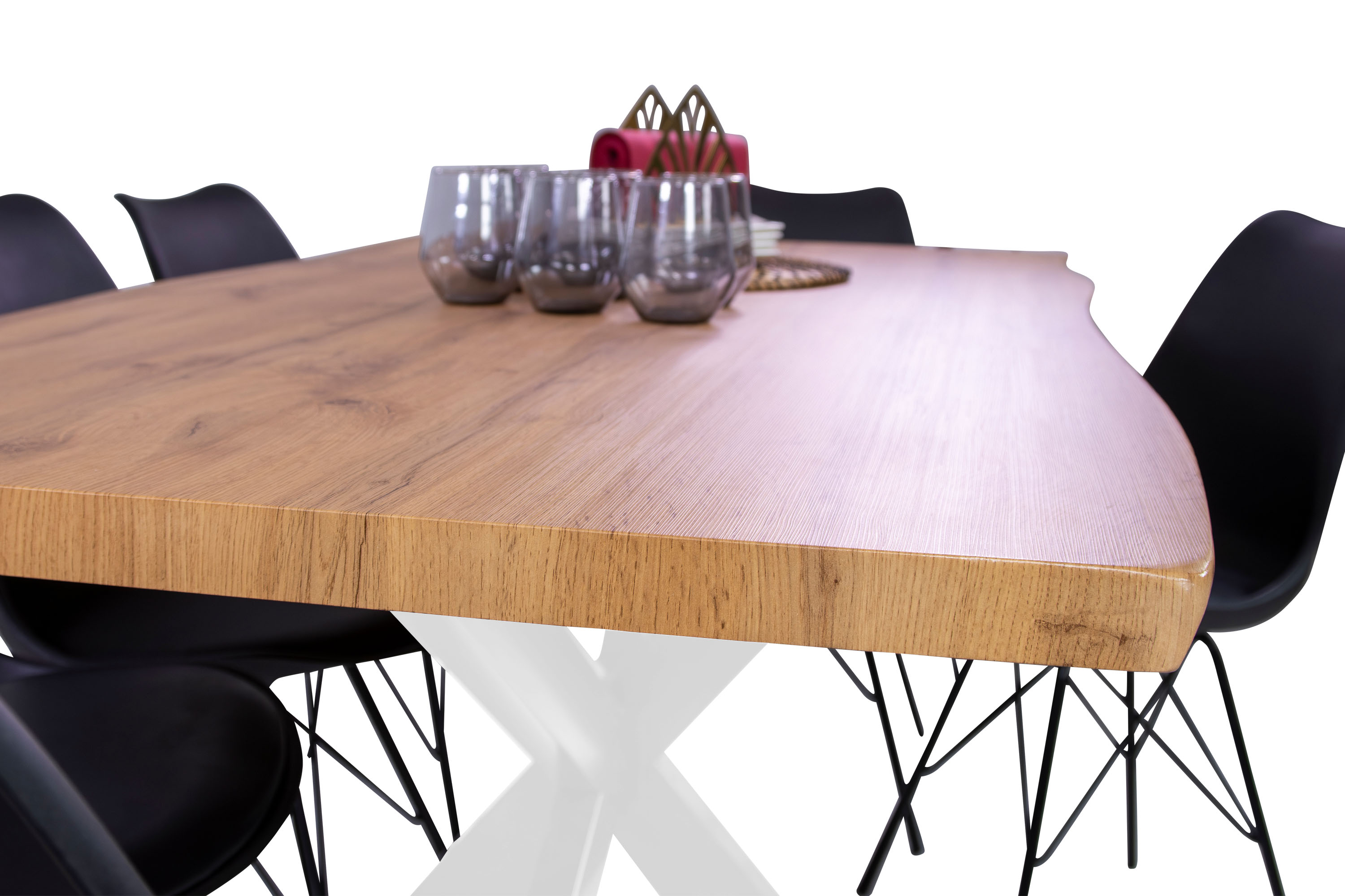 Esstisch Baumkante Holz-Optik Wildeiche 160 x 85 Spider-Gestell weiß JOSY