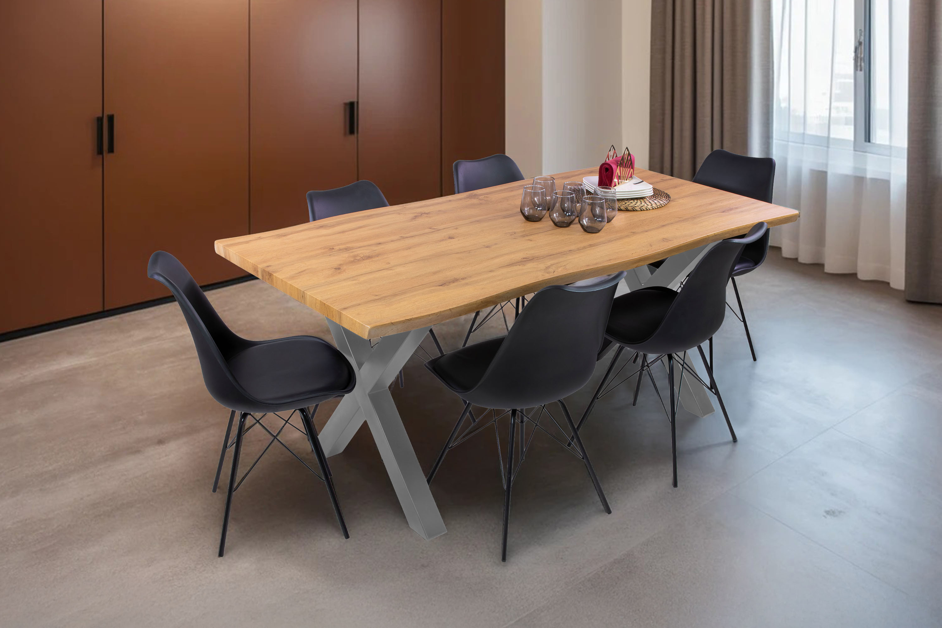 Esstisch Baumkante Holz-Optik Wildeiche 180 x 90 X-Gestell silber JOSY