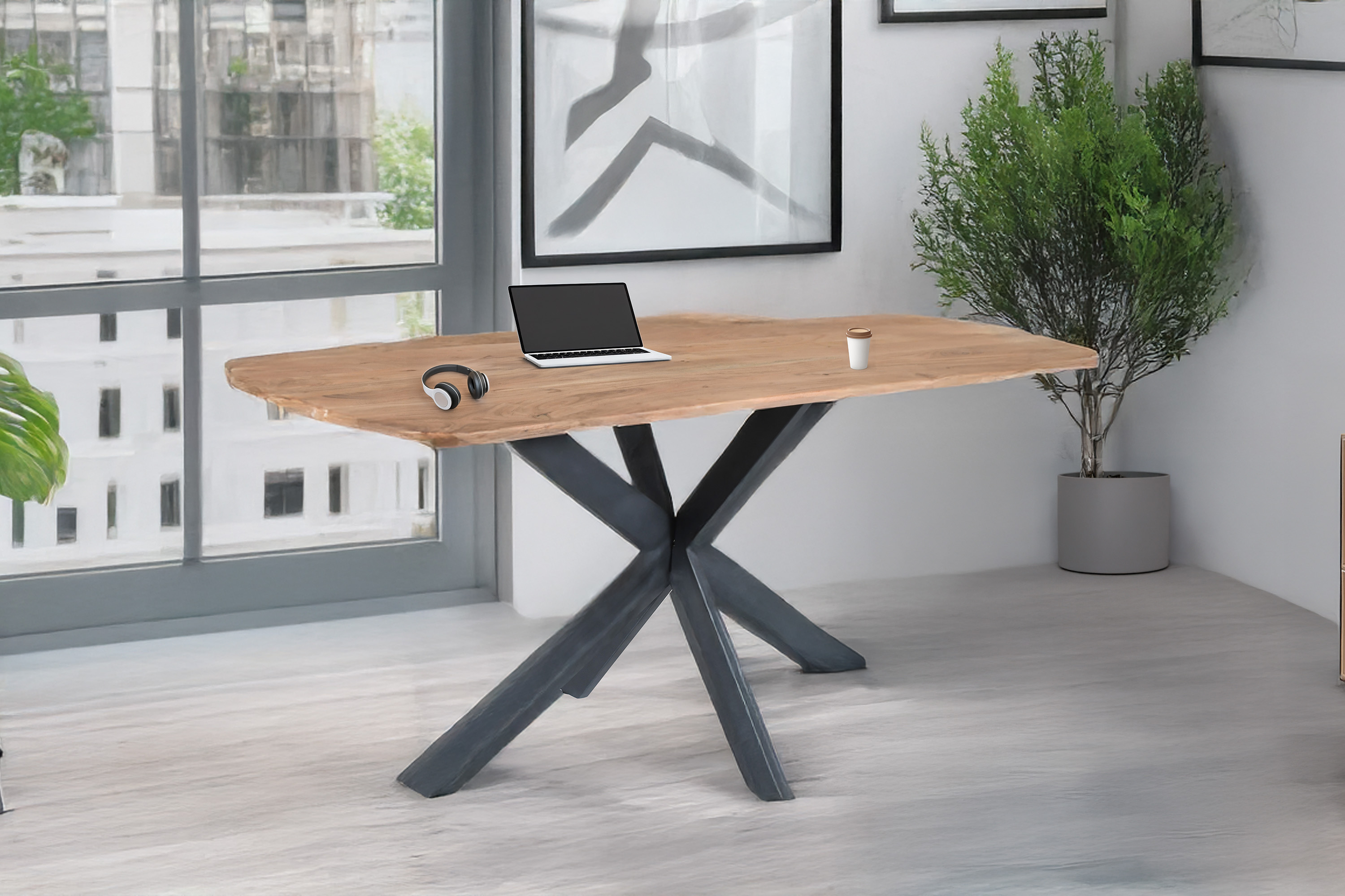 Esstisch 178 x 80 x 77 cm Akazie massiv naturfarben Schweizer Kante Spider-Gestell MILA