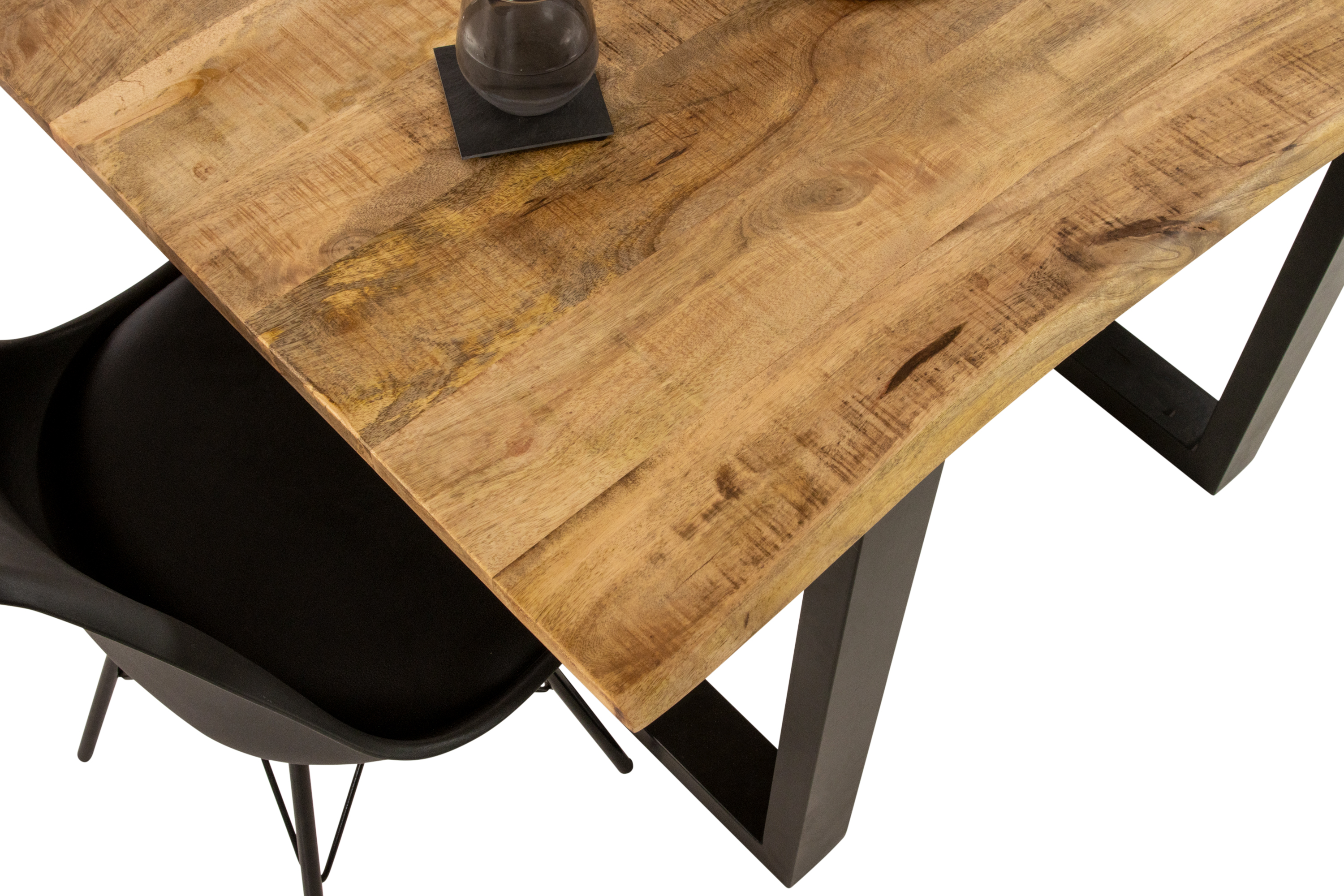 Esstisch Baumkante Massiv Mango rough 180 x 90 schwarz U-Gestell MIRABELLE