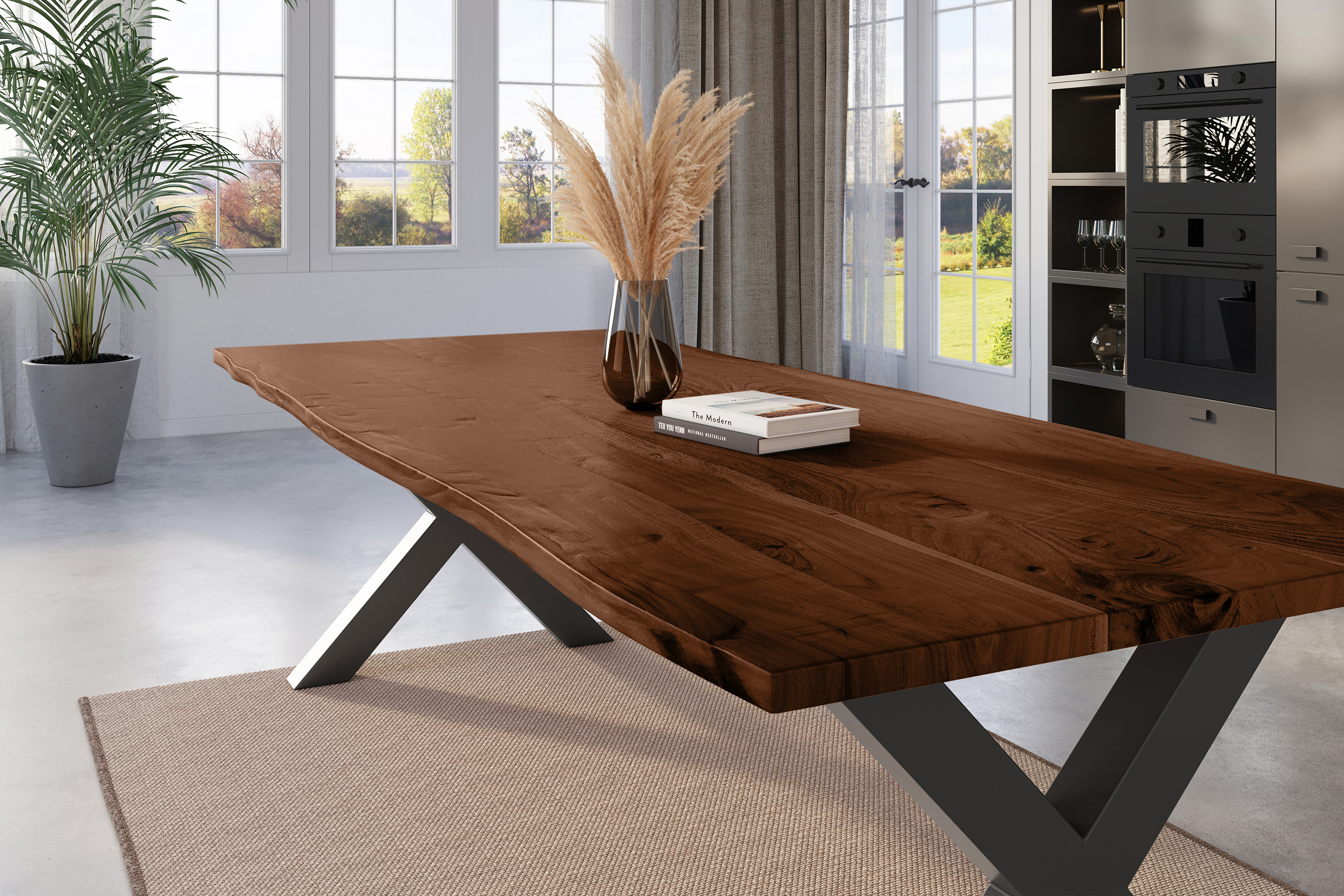 Esstisch Baumkante massiv Akazie nussbaum 280 x 100 schwarz X-Gestell NICK