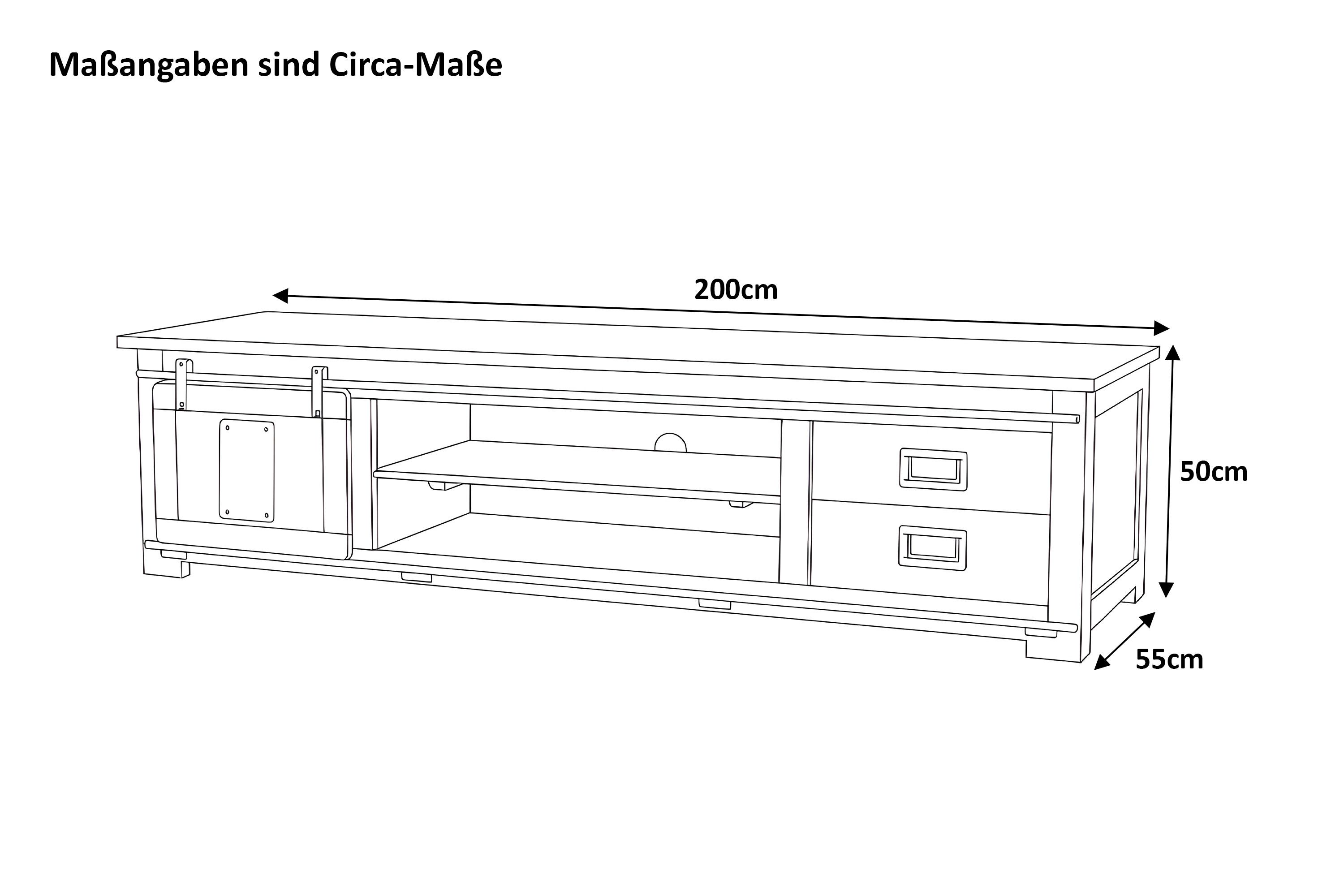 Lowboard Kommode TV-Board mit Schiebetür, 2 Schubfächern & 4 Fächern Akazie massiv eiche 200 x 55 x 50 cm LIBRO