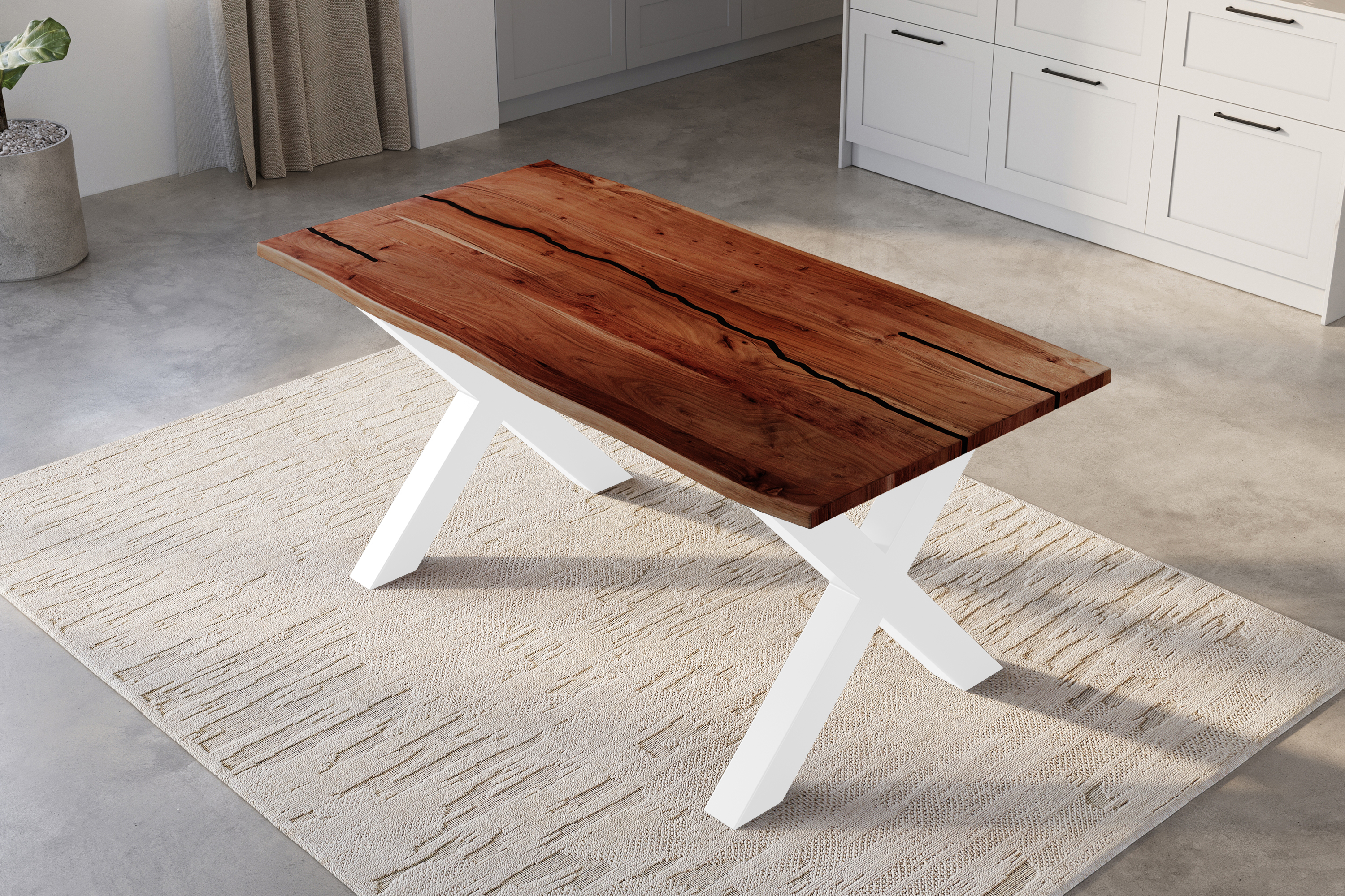 Baumkantentisch Akazie mit schwarzen Resin-Adern nussbaumfarben 180 x 90 cm X-Gestell weiß POLLY