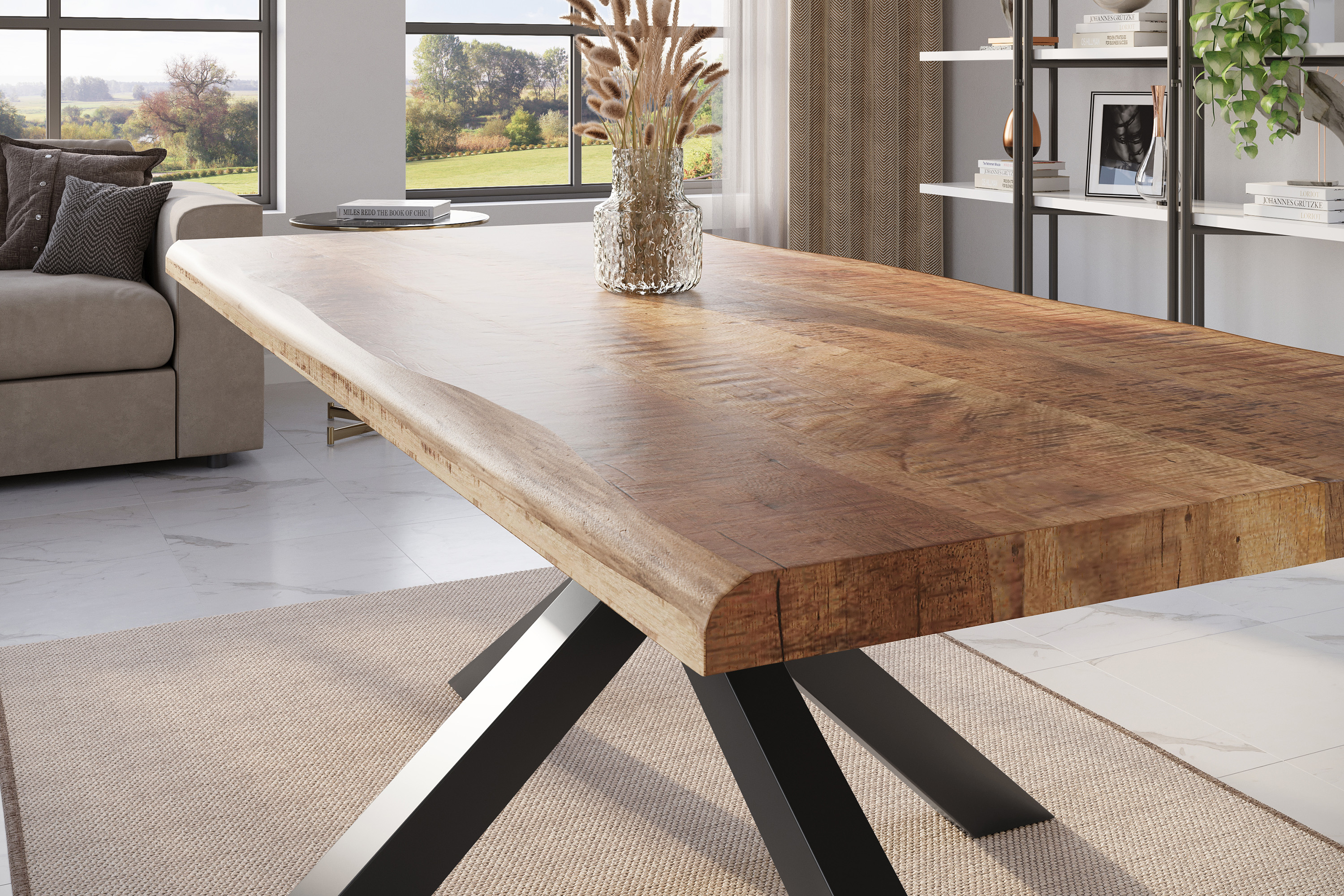 Esstisch Baumkante massiv Mango rough 220 x 100 Spider-Gestell schwarz ATLAS