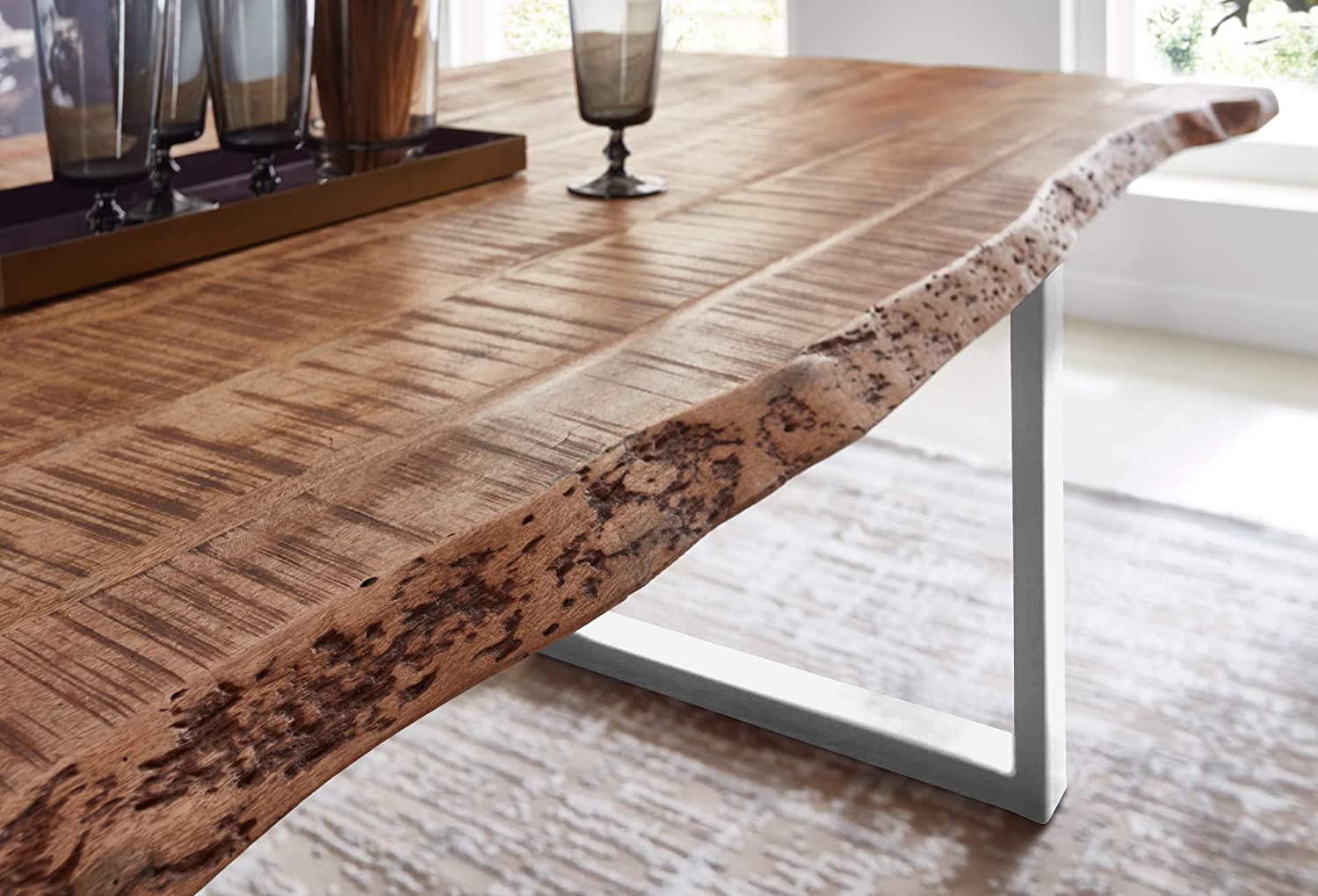 Essgruppe 220 cm Mango naturfarben U-Gestell silber mit 6 Stühlen NORINA