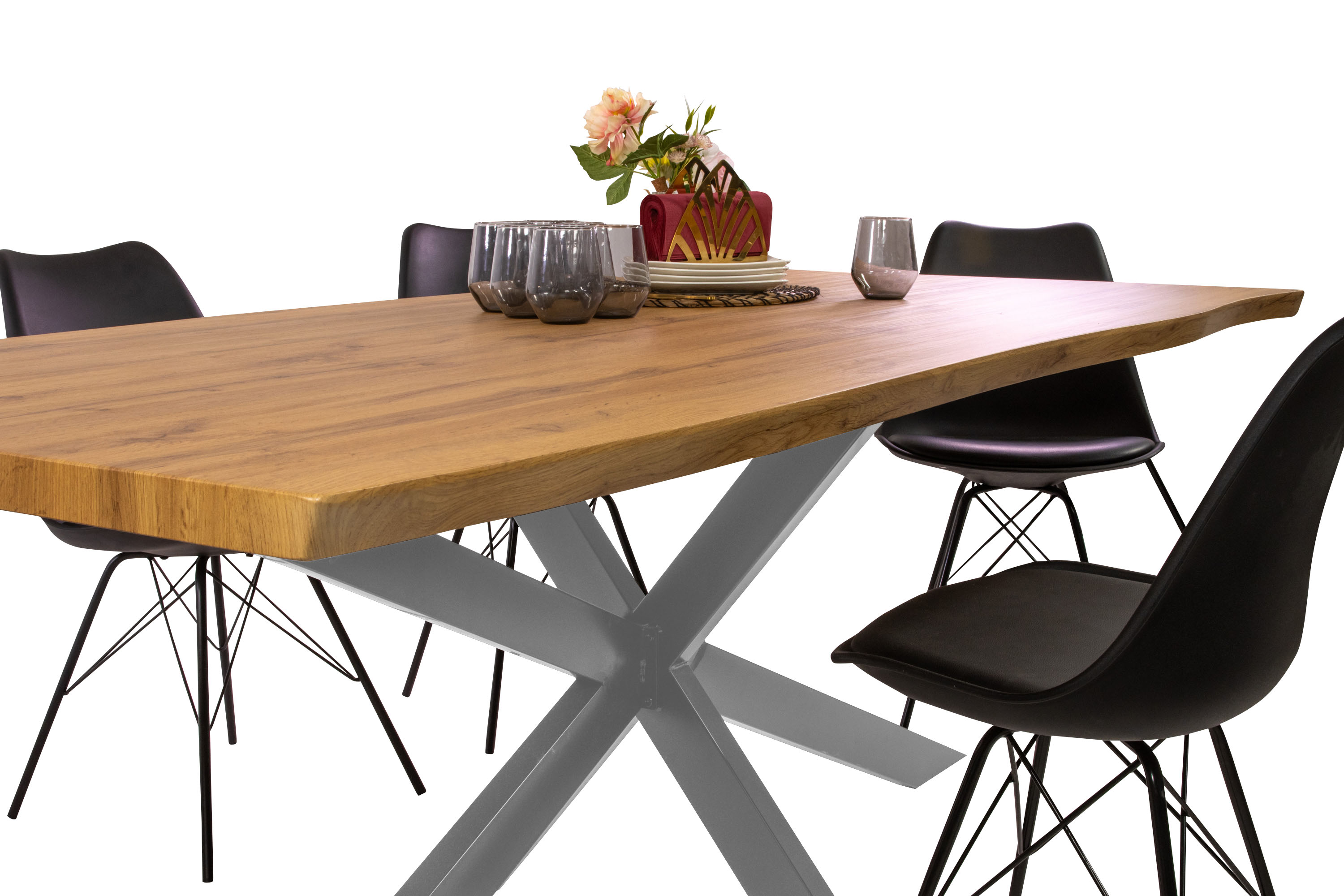 Esstisch Baumkante Holz-Optik Wildeiche 200 x 100 Spider-Gestell silber JOSY