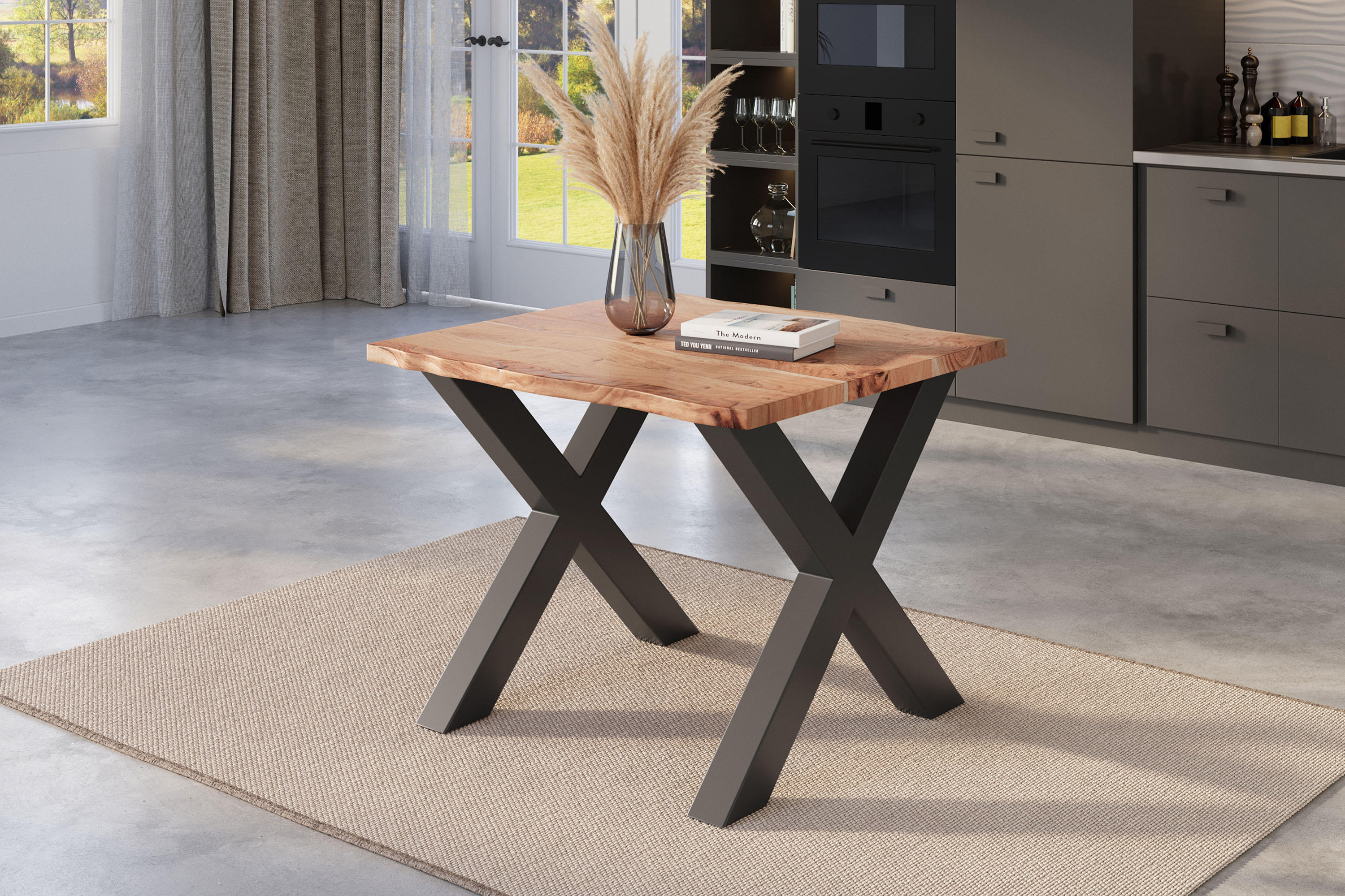Esstisch Baumkante massiv Akazie natur 140 x 80 schwarz X-Gestell NICK