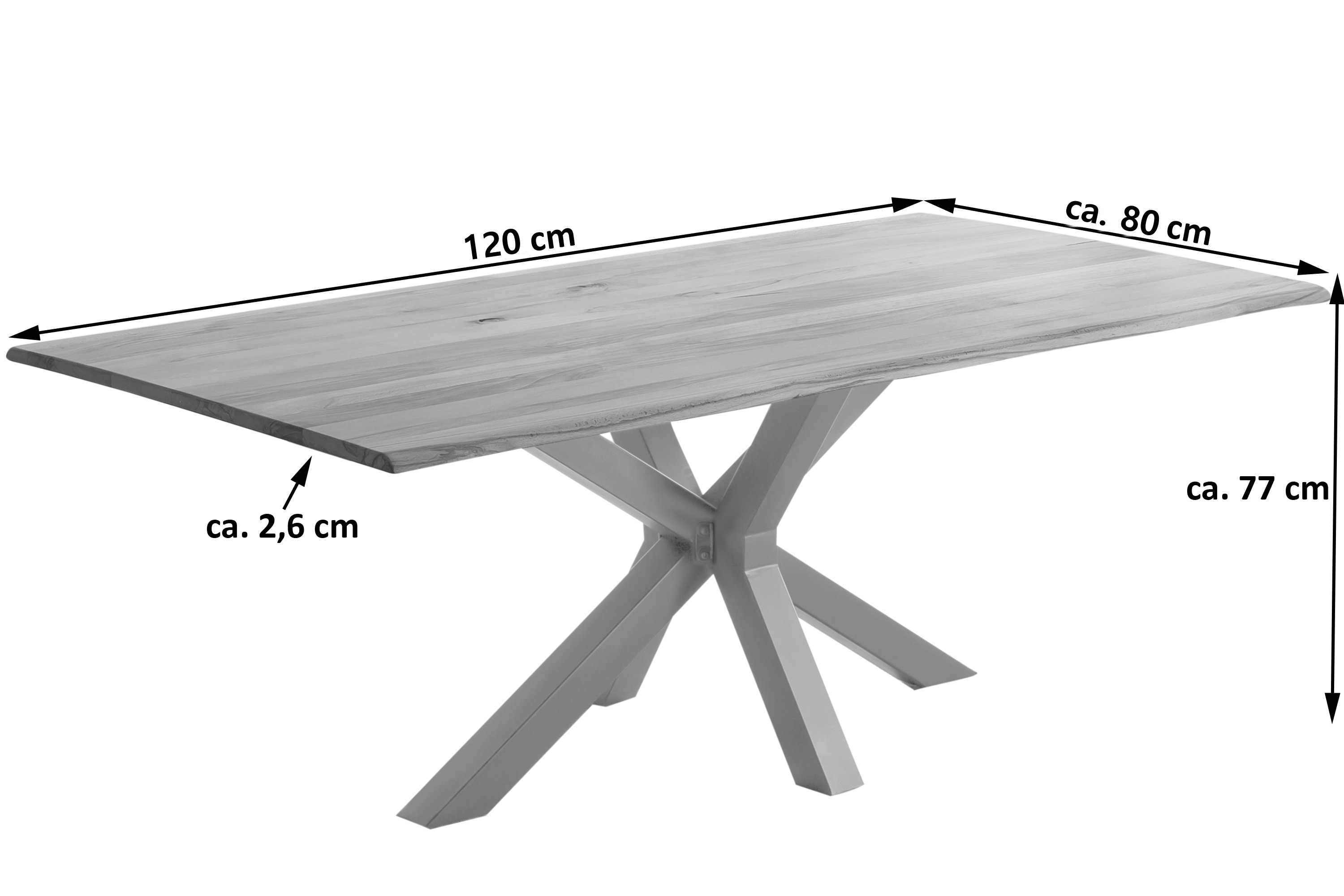 Esstisch Baumkante Massiv Wildbuche 120 x 80 silber Spider-Gestell Gent