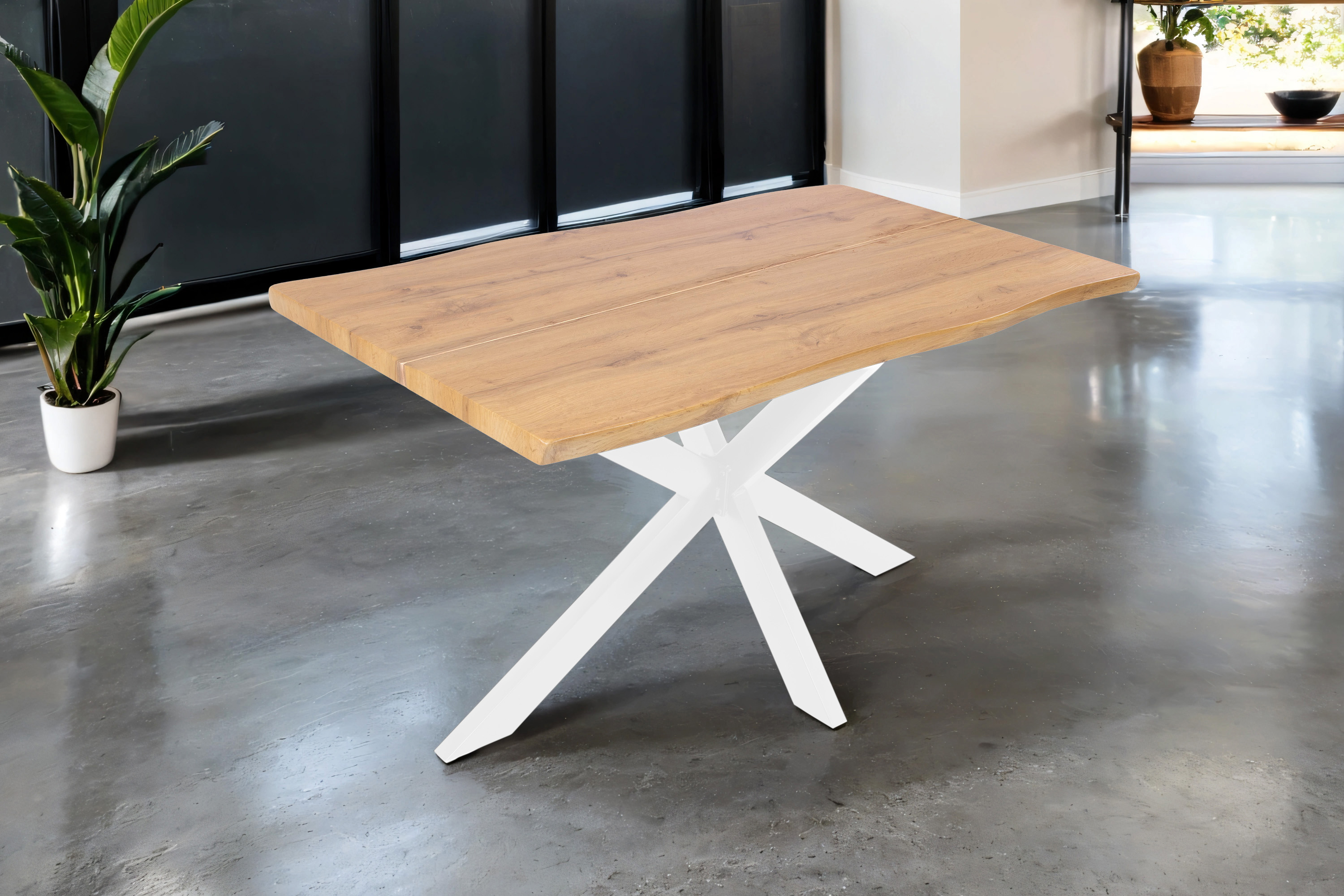 Esstisch Baumkante Holz-Optik Wildeiche 140 x 80 Spider-Gestell weiß DUA