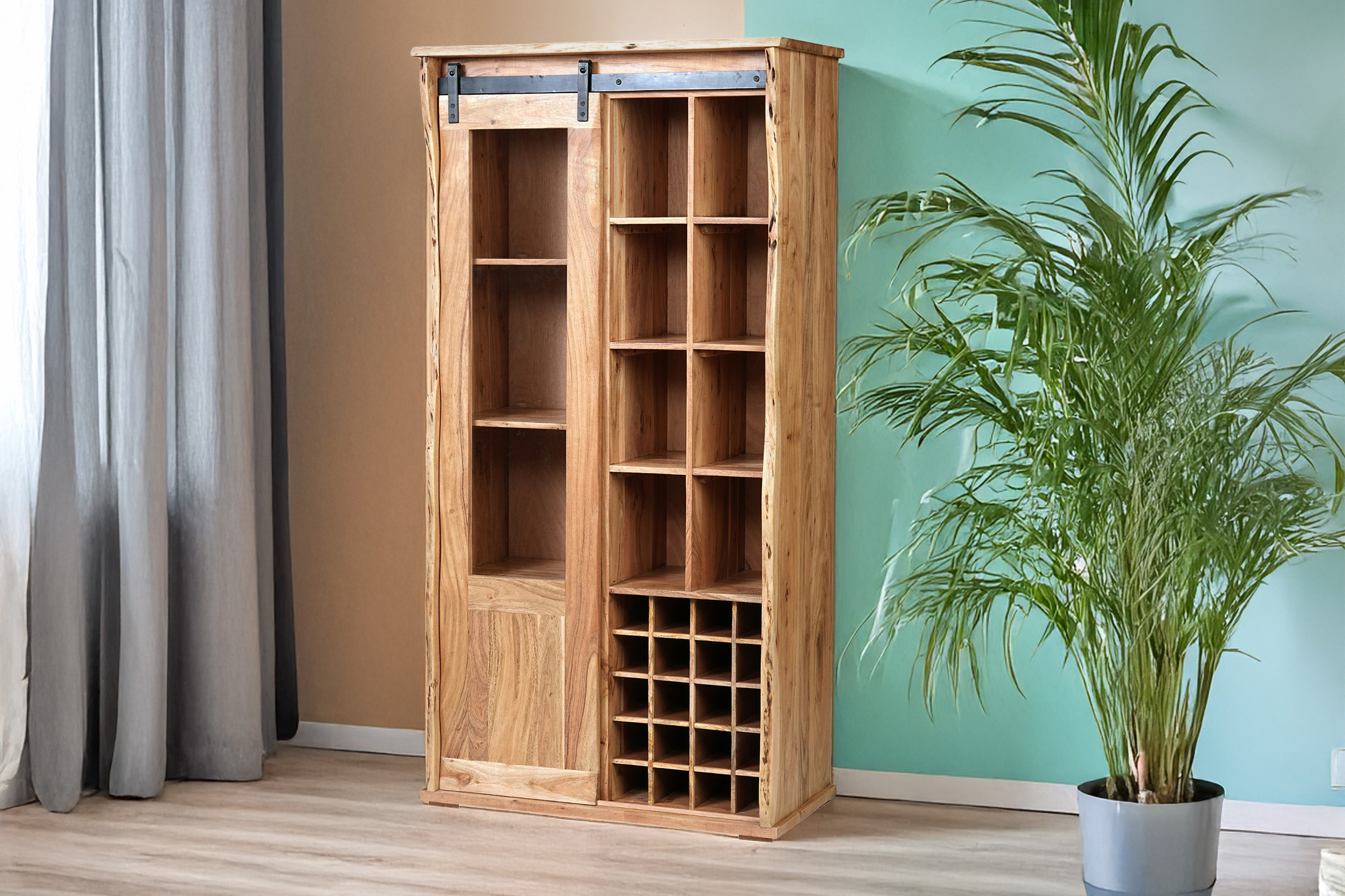 Wein-Highboard Baumkante 90 x 45 x 180 cm Akazienholz massiv naturfarben LIAN I