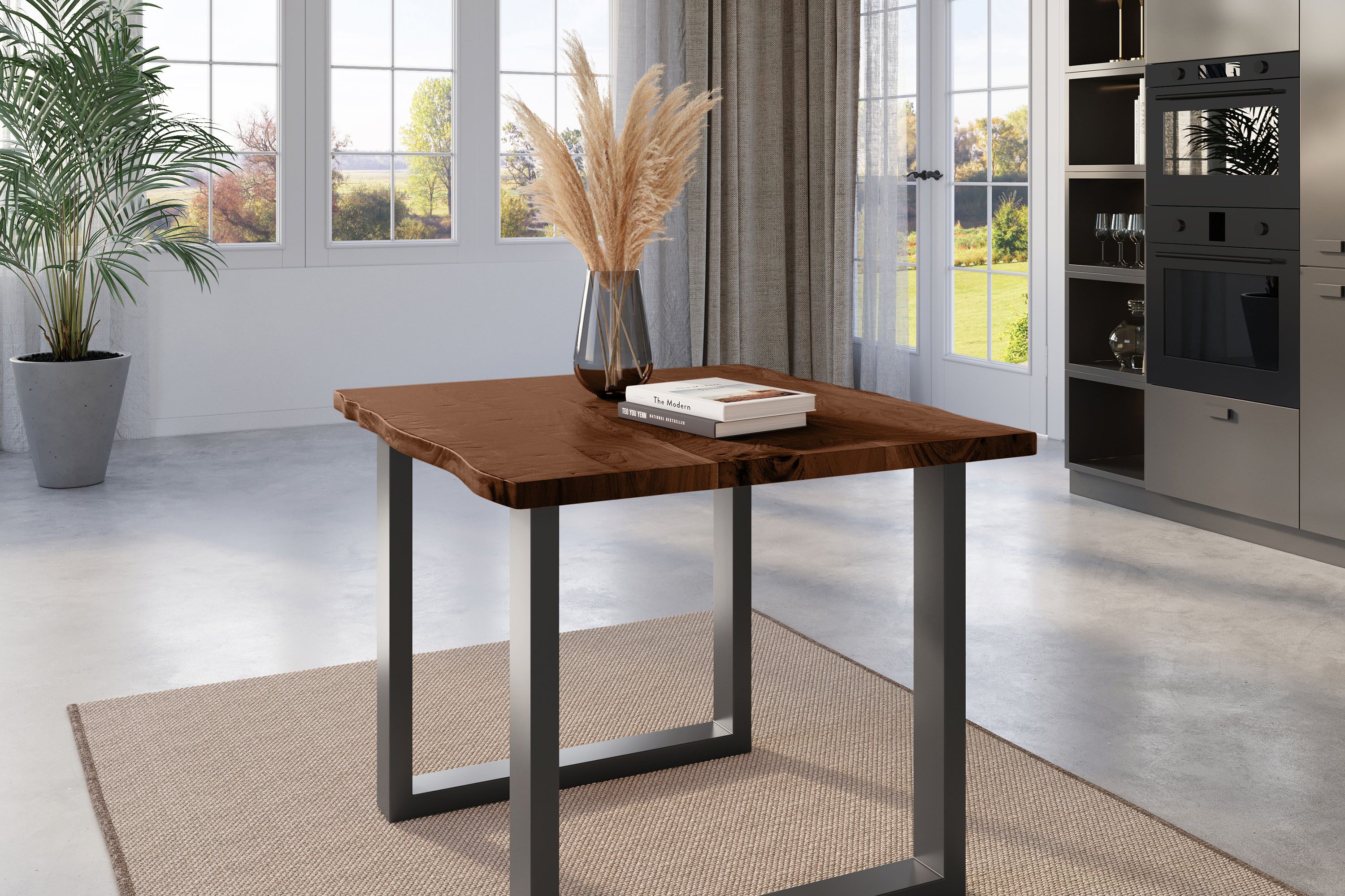 Esstisch Baumkante massiv Akazie nussbaumfarben 80 x 80 U-Gestell schwarz NICK