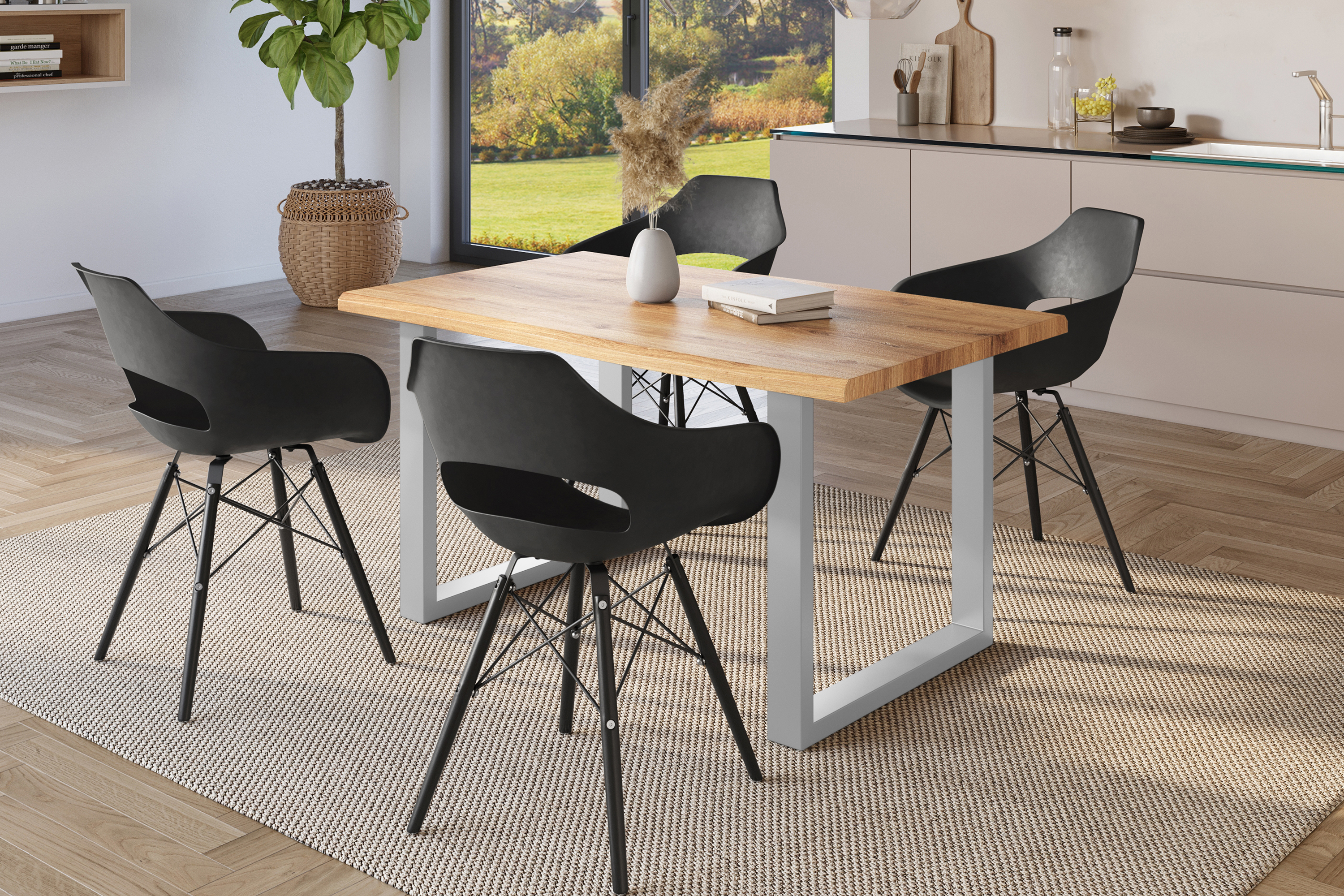 Esstisch Baumkante Holz-Optik Wildeiche 160 x 85 U-Gestell silber JULIUS