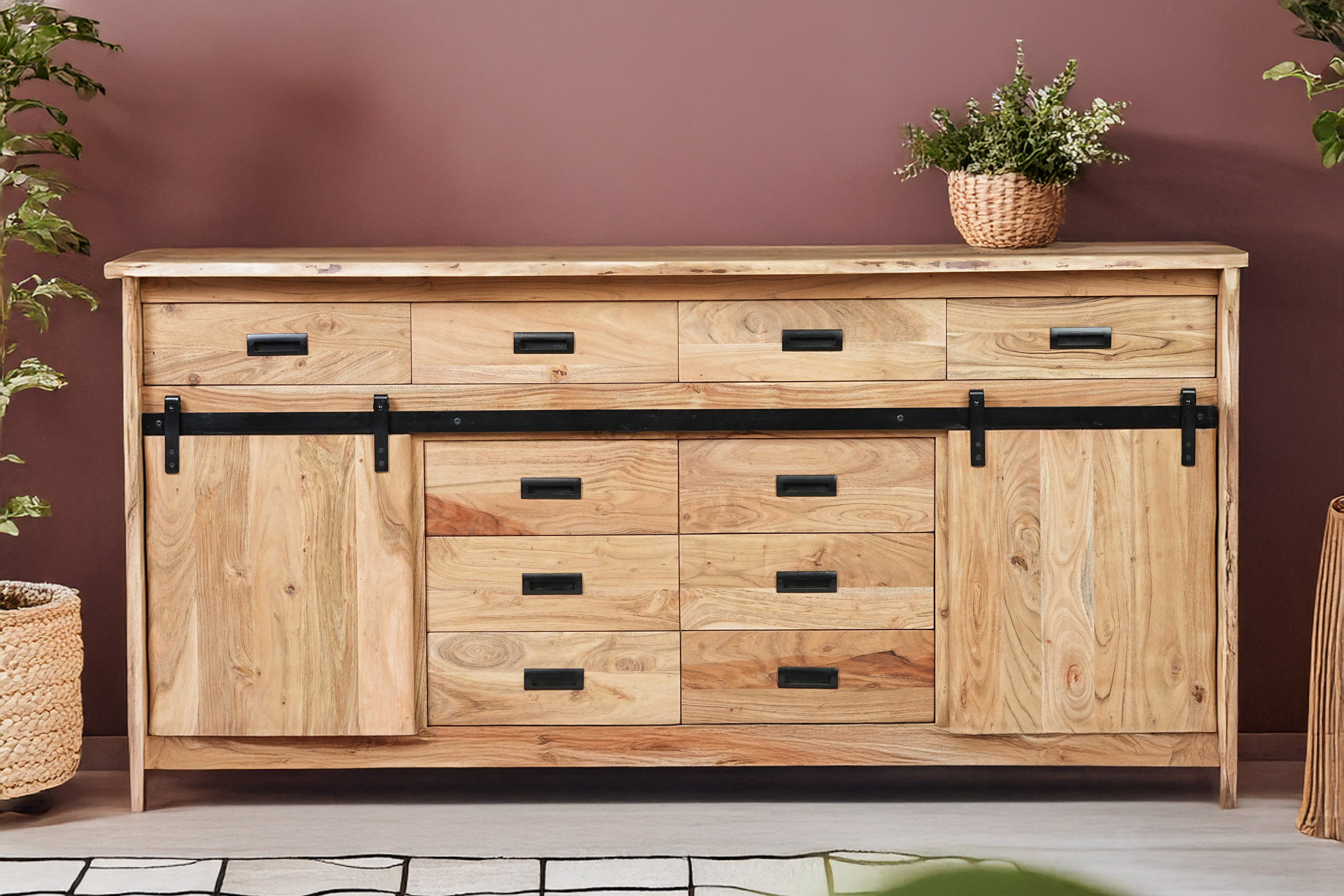 Sideboard Baumkante 200 x 45 x 90 cm Akazienholz massiv naturfarben LIAN IV