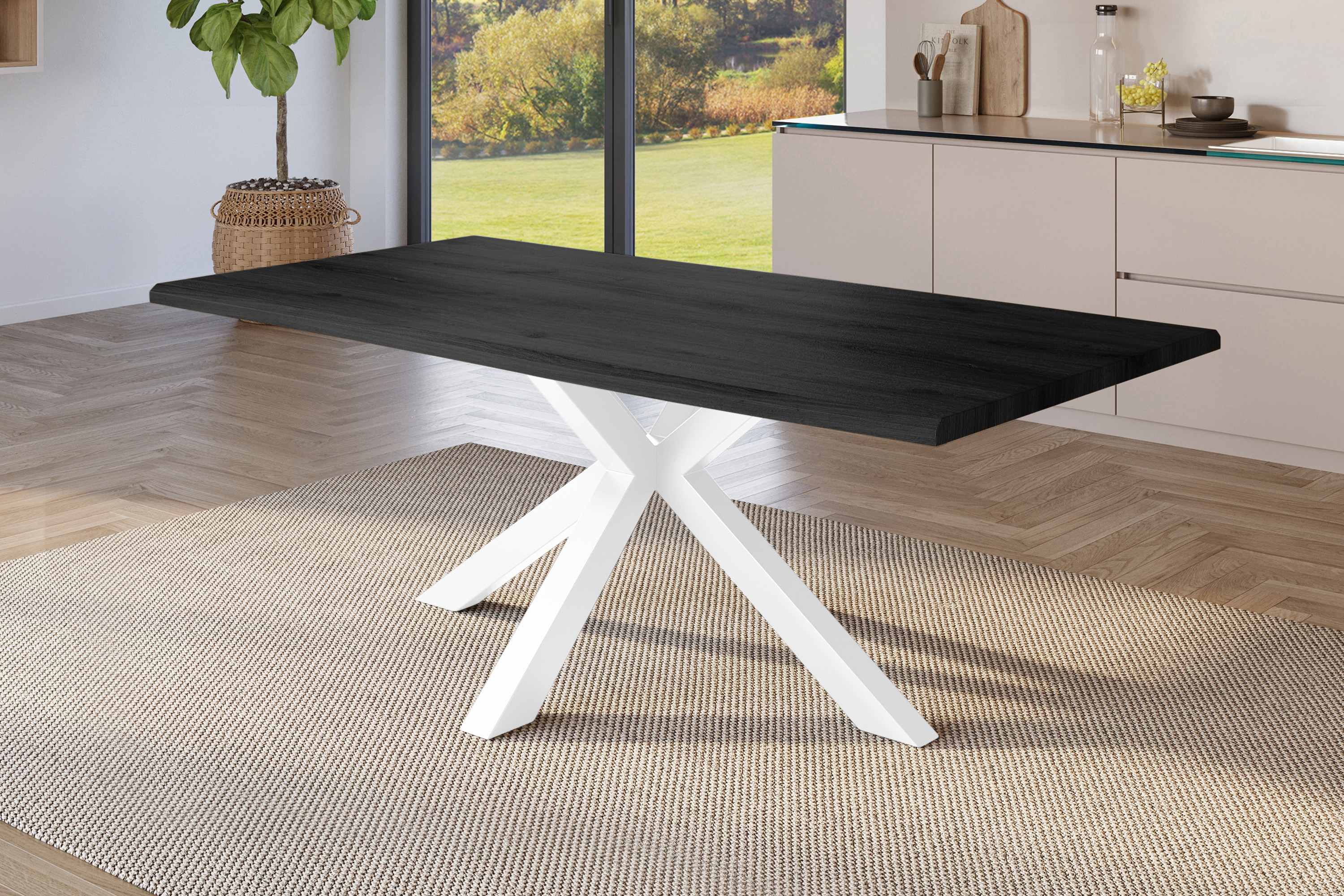 Esstisch Baumkante Holz-Optik Grau 220 x 100 Spider-Gestell weiß JULIUS