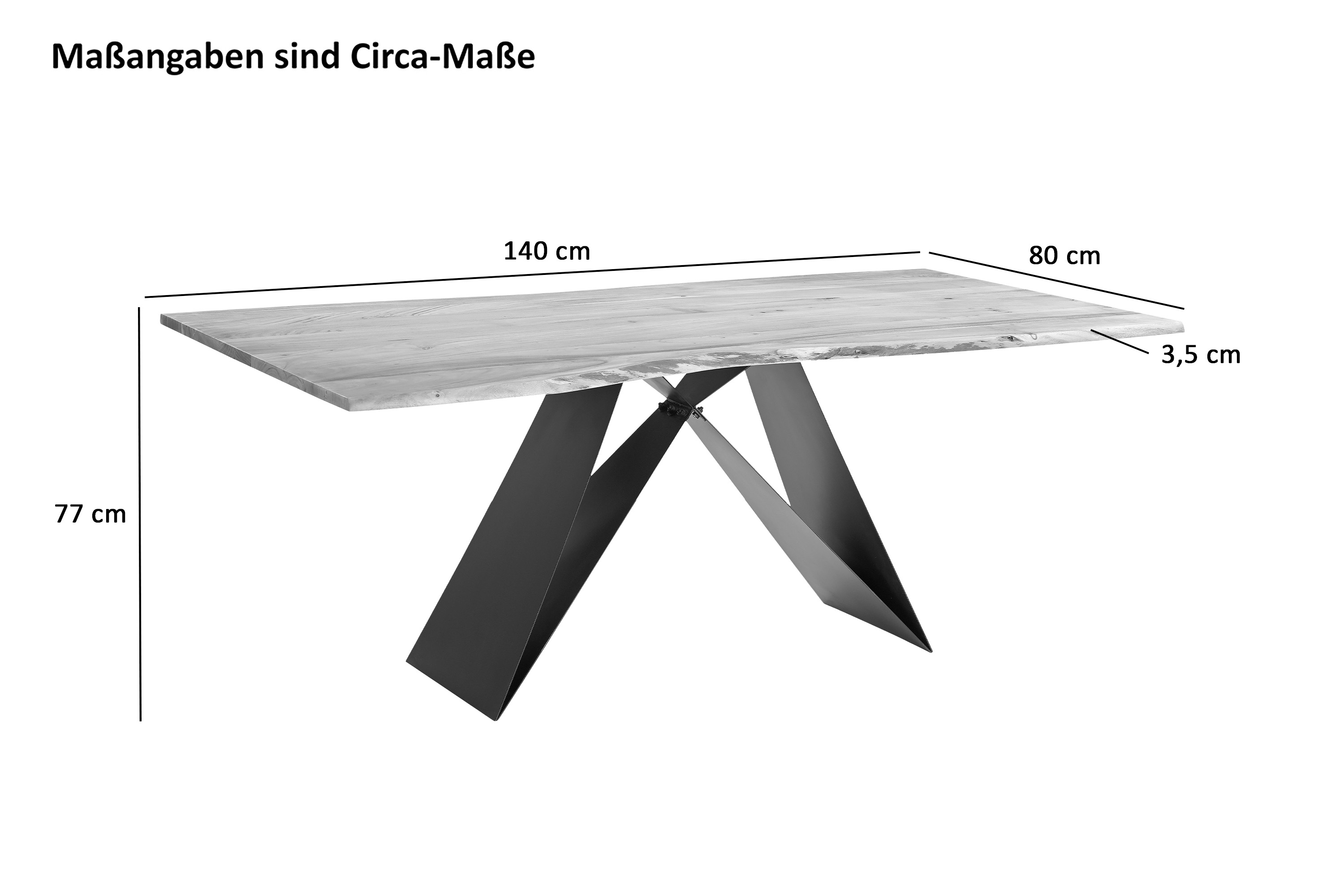 Esstisch Baumkante Massiv Akazie naturfarben 140 x 80 schwarz Butterfly-Gestell MICK