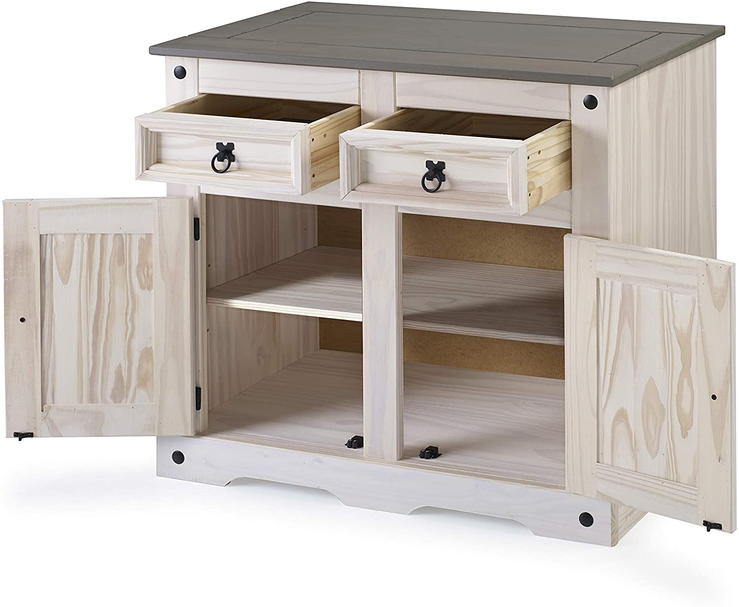  Sideboard Kommode 91,5 x 83,5 x 43 cm Pinienholz weiß grau lasiert MEXICO