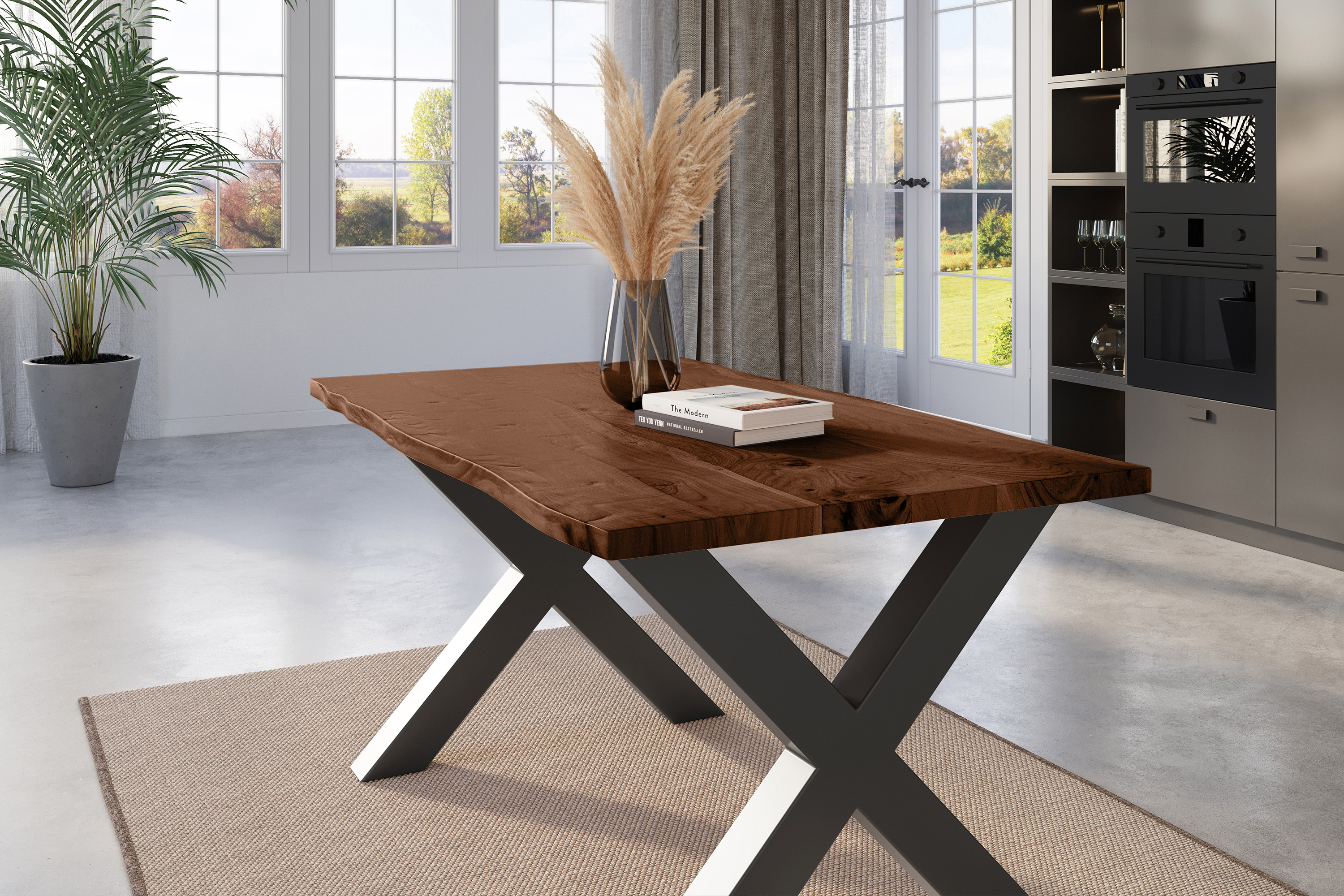 Esstisch Baumkante massiv Akazie nussbaum 140 x 80 schwarz X-Gestell NICK