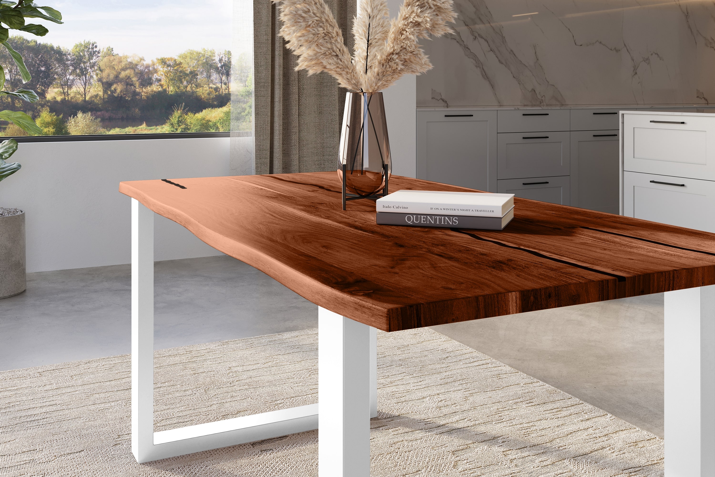Baumkantentisch Akazie mit schwarzen Resin-Adern nussbaumfarben 180 x 90 cm U-Gestell weiß POLLY