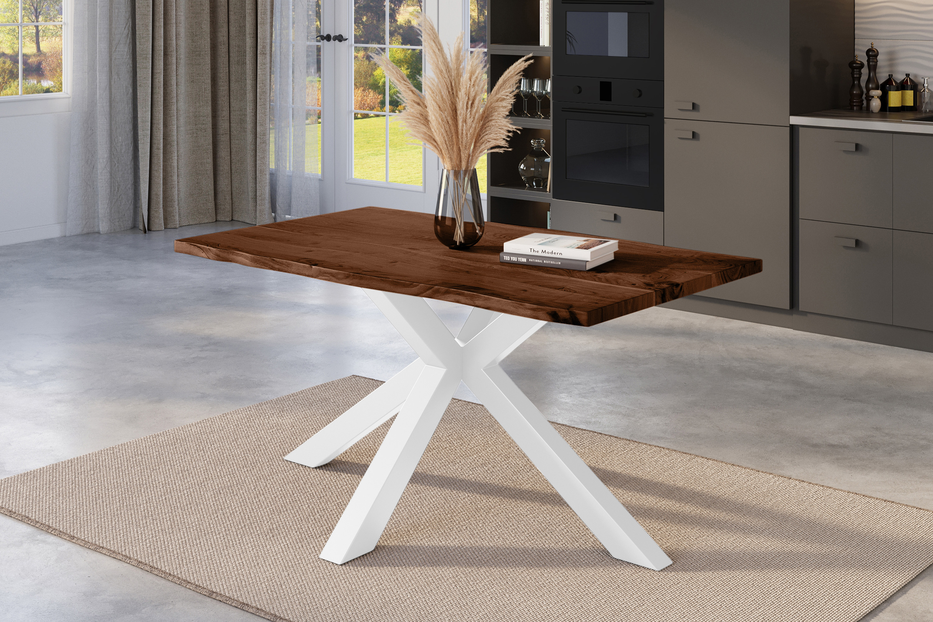 Esstisch Baumkante massiv Akazie nussbaum 140 x 80 cm Spider-Gestell weiß Kalea