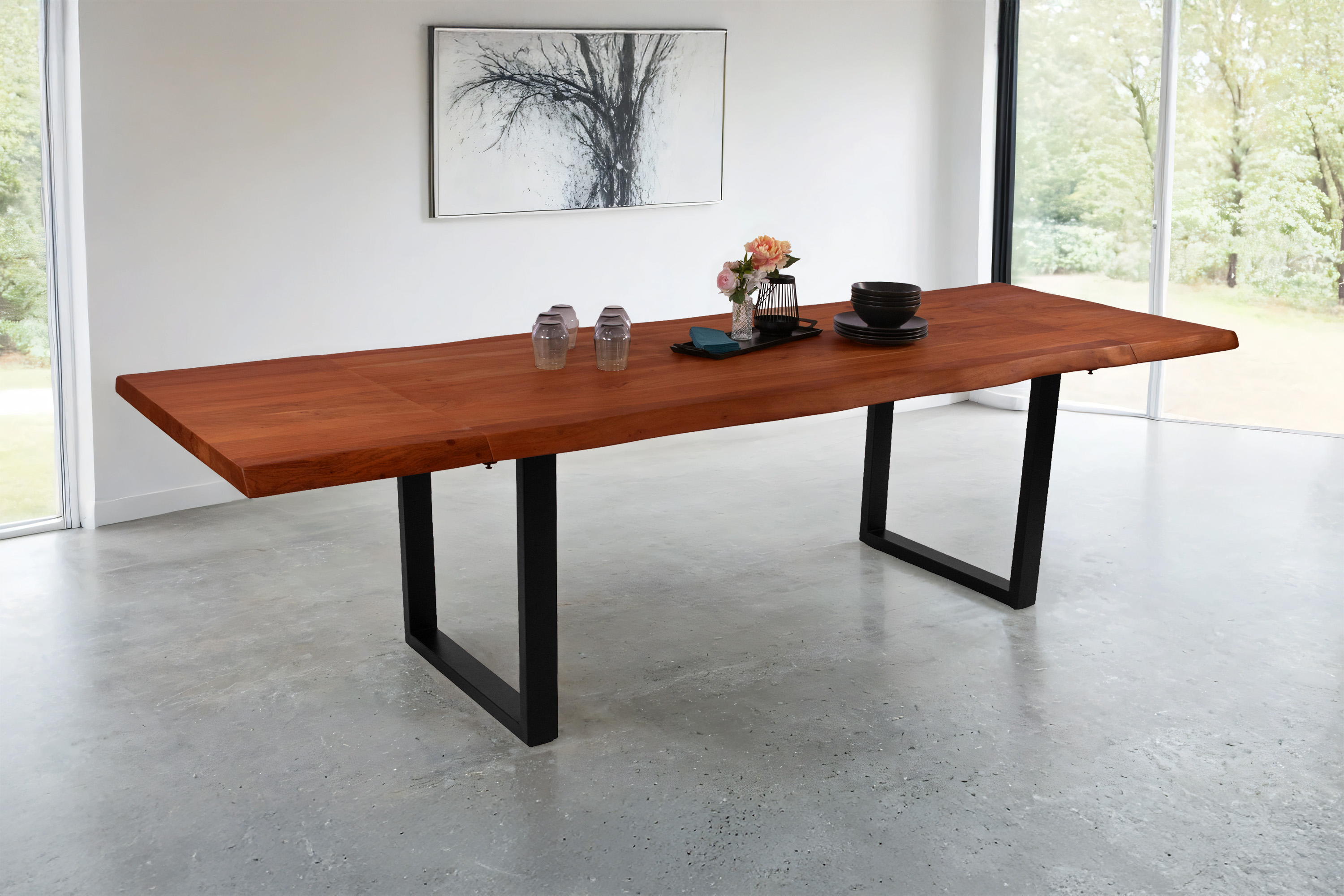 Esstisch Baumkante Akazie nuss 160 (260) x 90 cm U-Gestell schwarz mit Ansteckplatten CALI