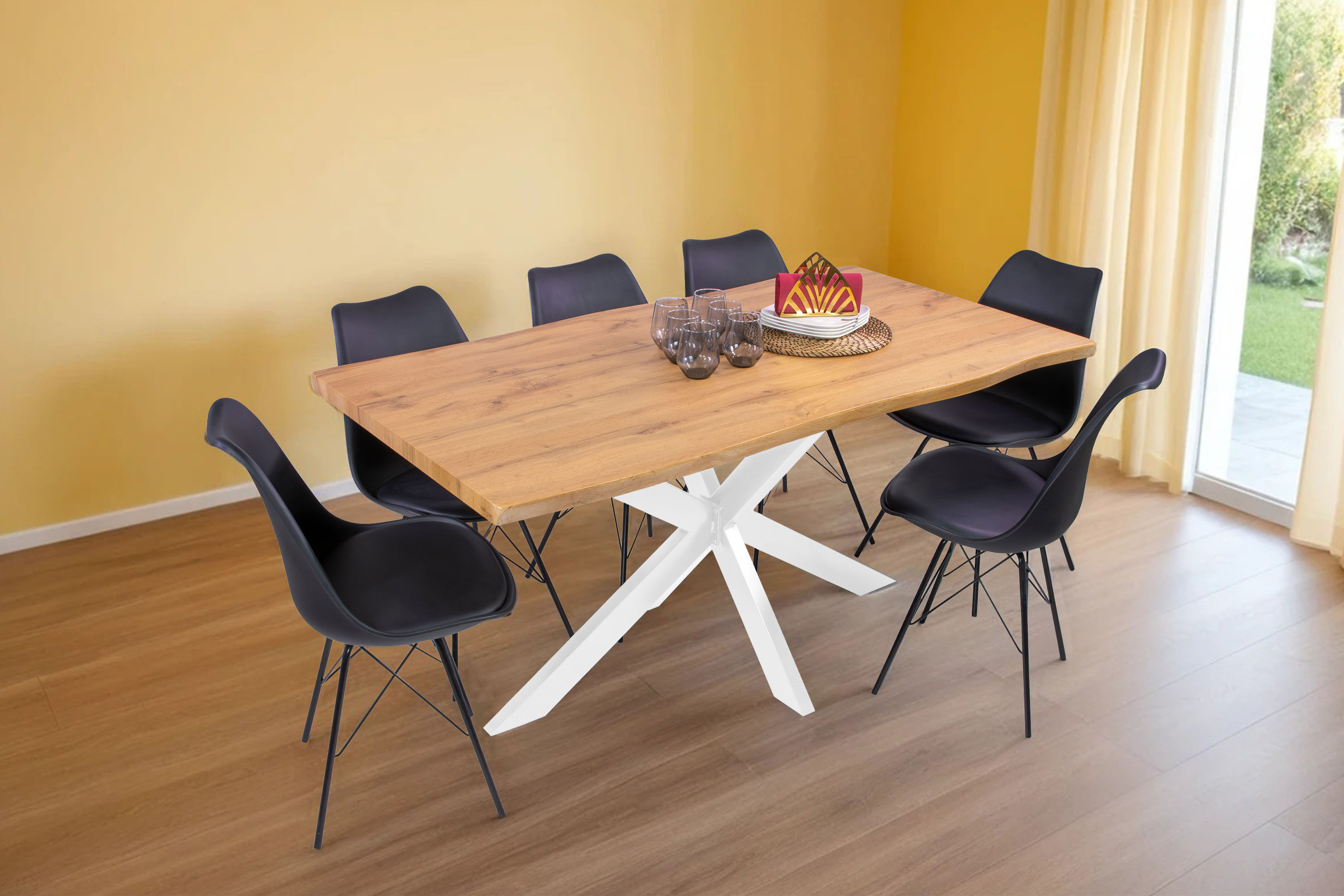Esstisch Baumkante Holz-Optik Wildeiche 160 x 85 Spider-Gestell weiß JOSY