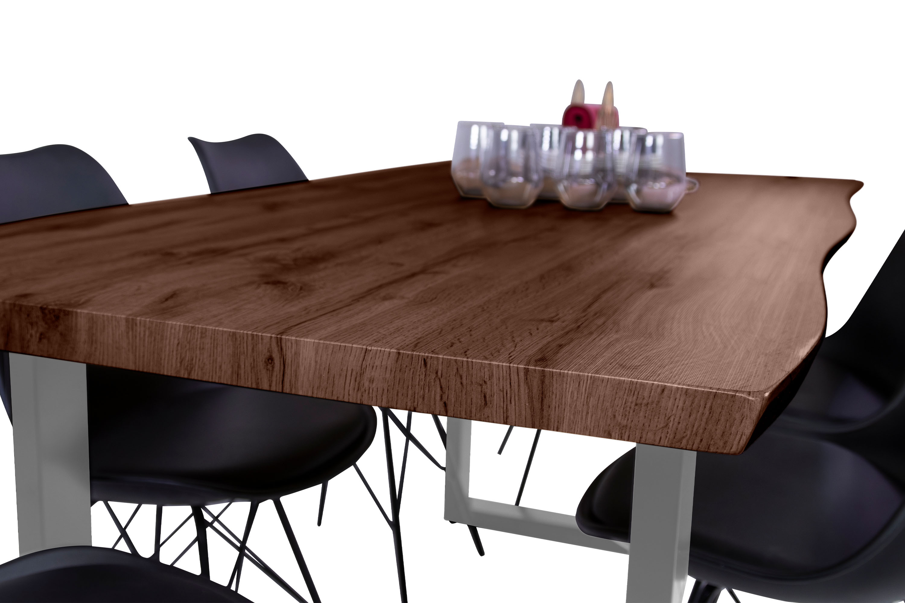 Esstisch Baumkante Holz-Optik Nussbaum 180 x 90 U-Gestell silber JOSY