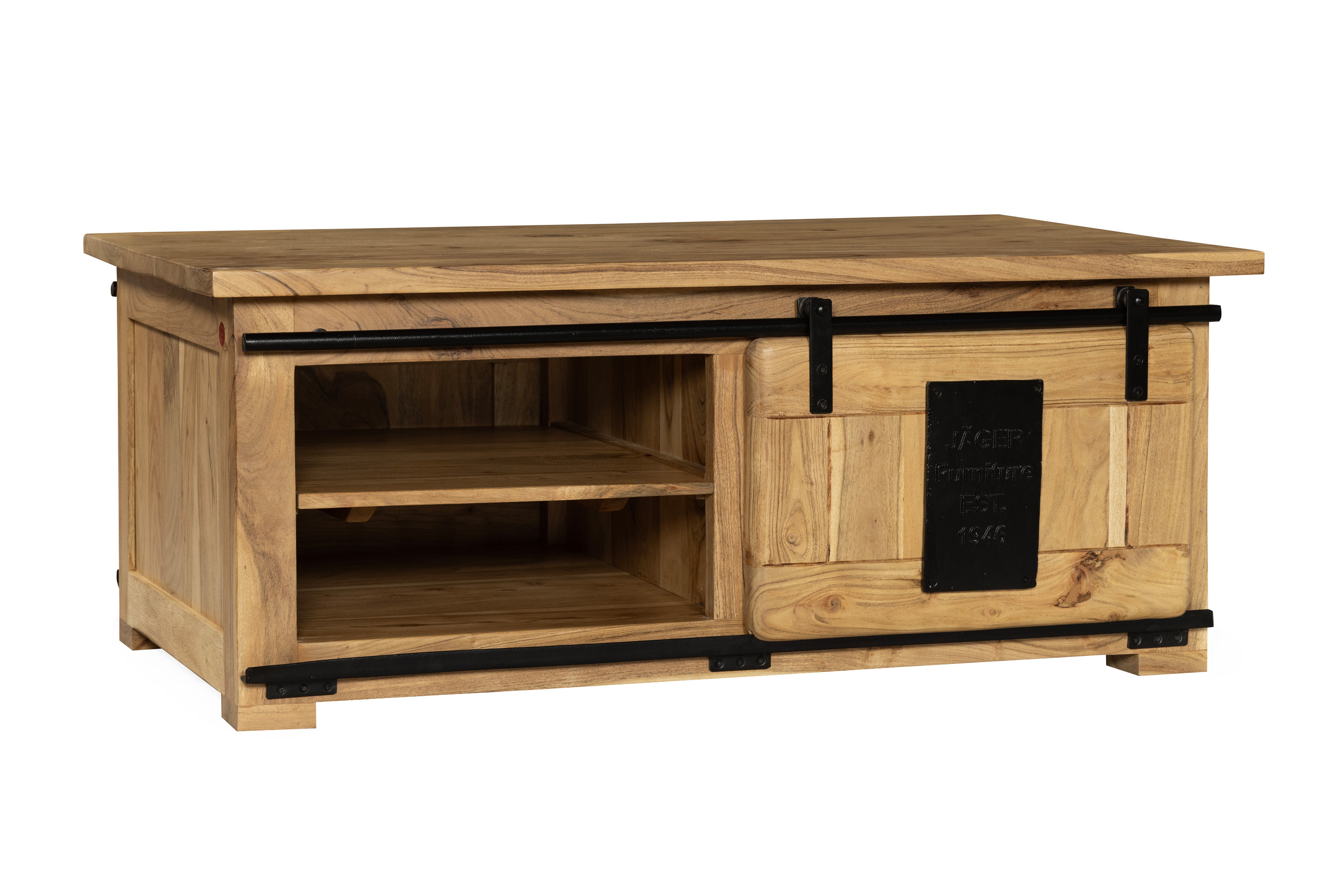 Couchtisch mit Schiebetür und 3 Fächern Akazie massiv 110 x 45 x 70 cm natur LIBRO