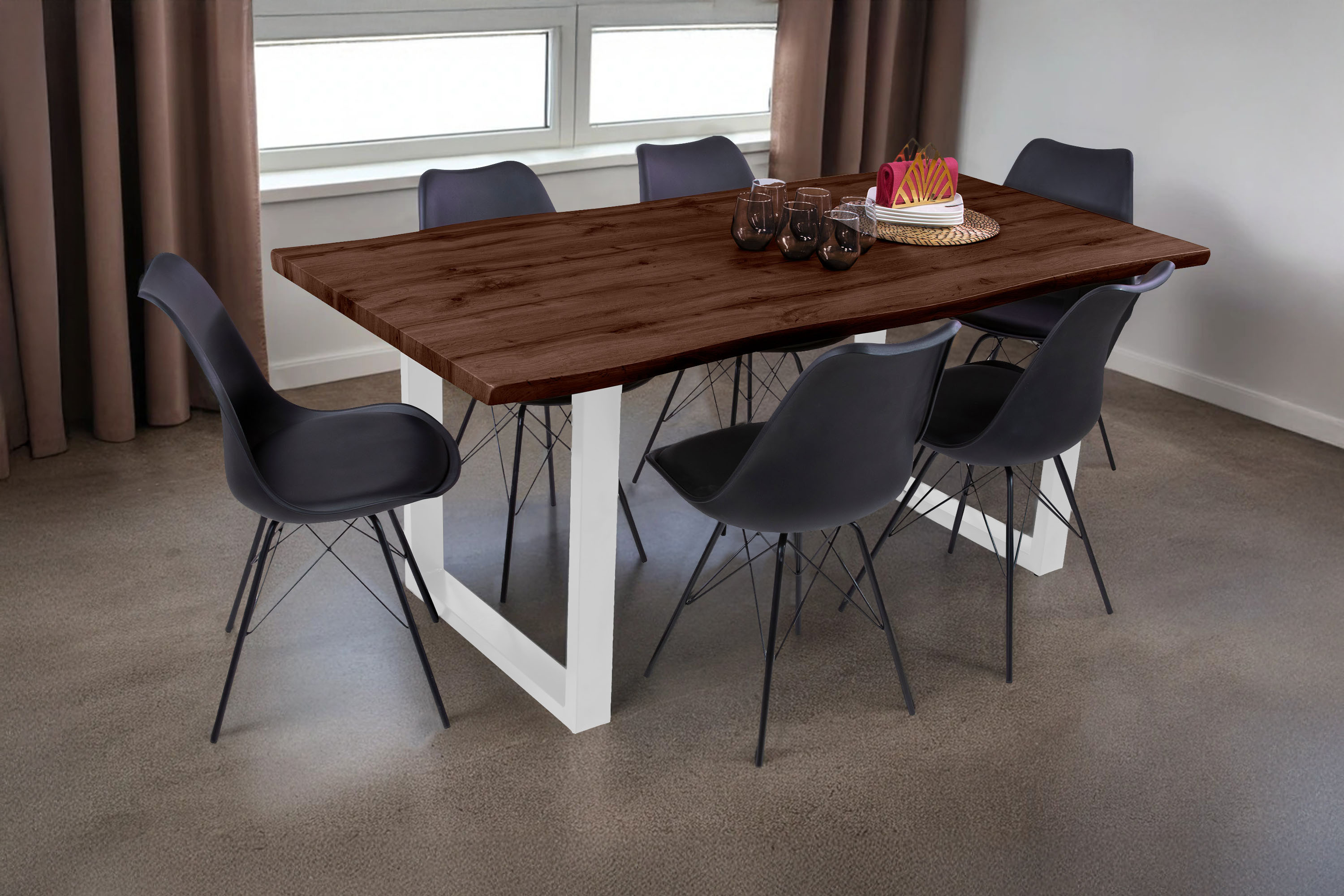 Esstisch Baumkante Holz-Optik Nussbaum 180 x 90 U-Gestell weiß JOSY