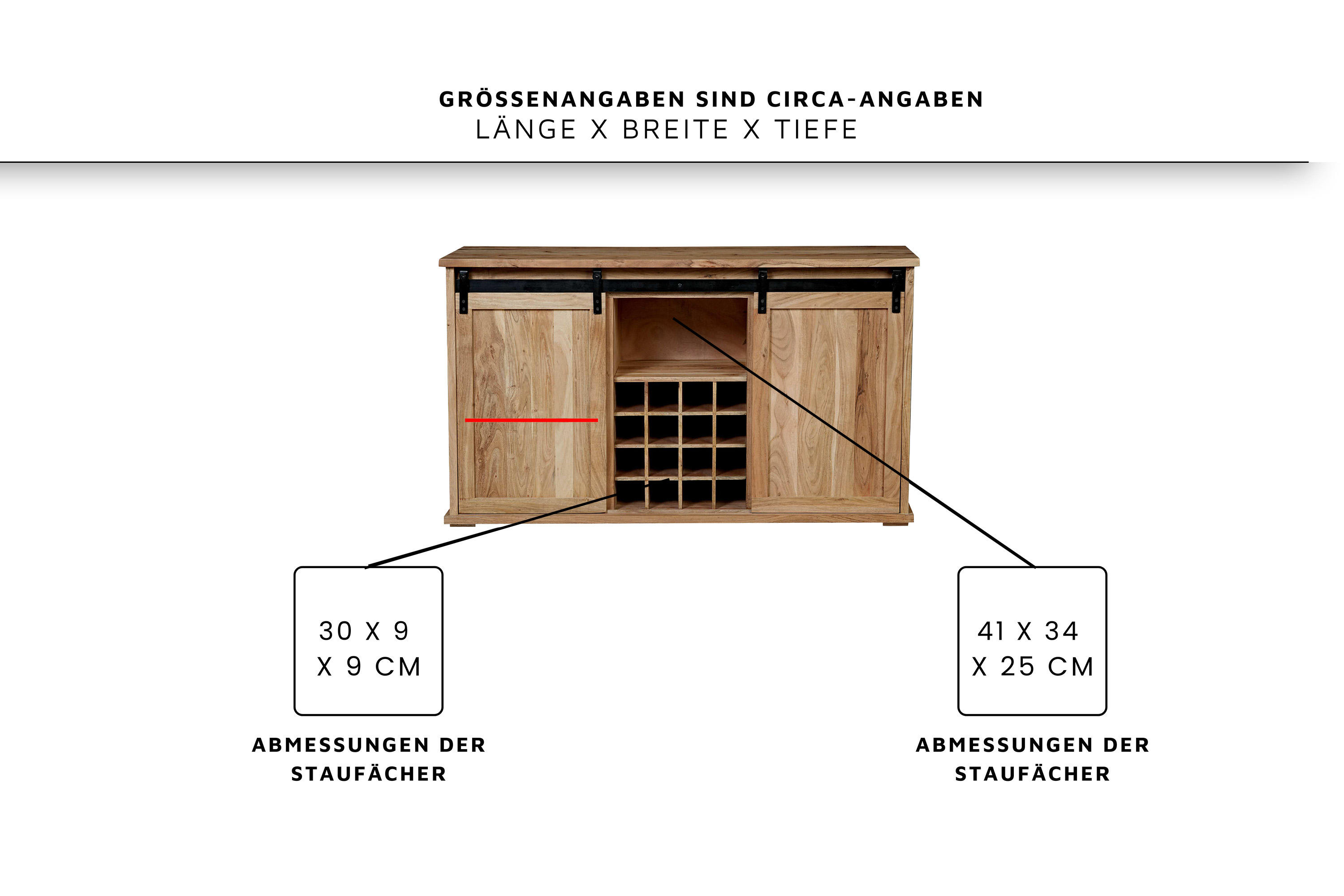 Wein-Sideboard 85 x 45 x 145 cm Akazienholz massiv naturfarben ohne Baumkante LIAN 1