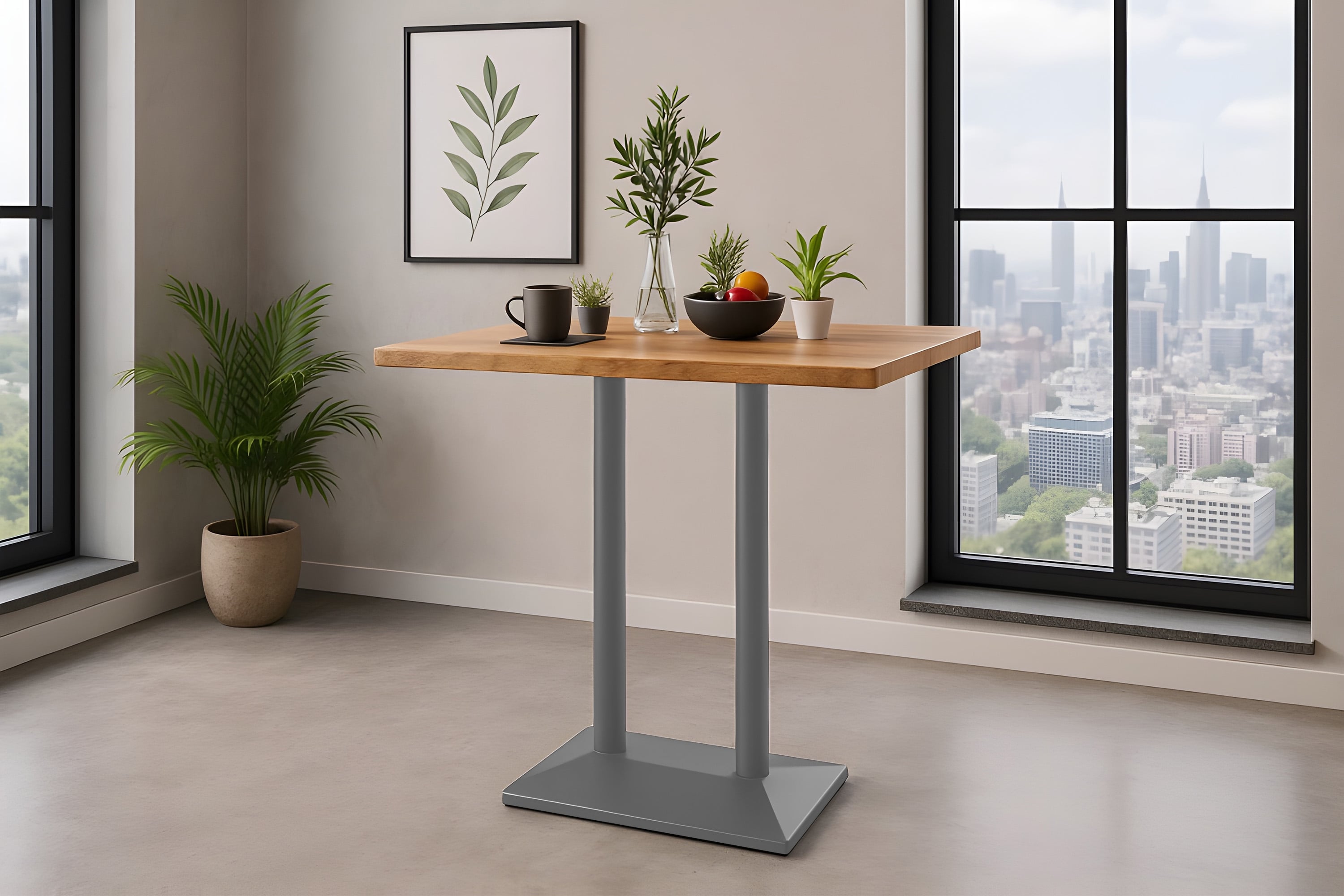 Bistrotisch Baumkante massiv 100 x 60 cm Mango naturfarben silber Doppelsäulengestell IAN
