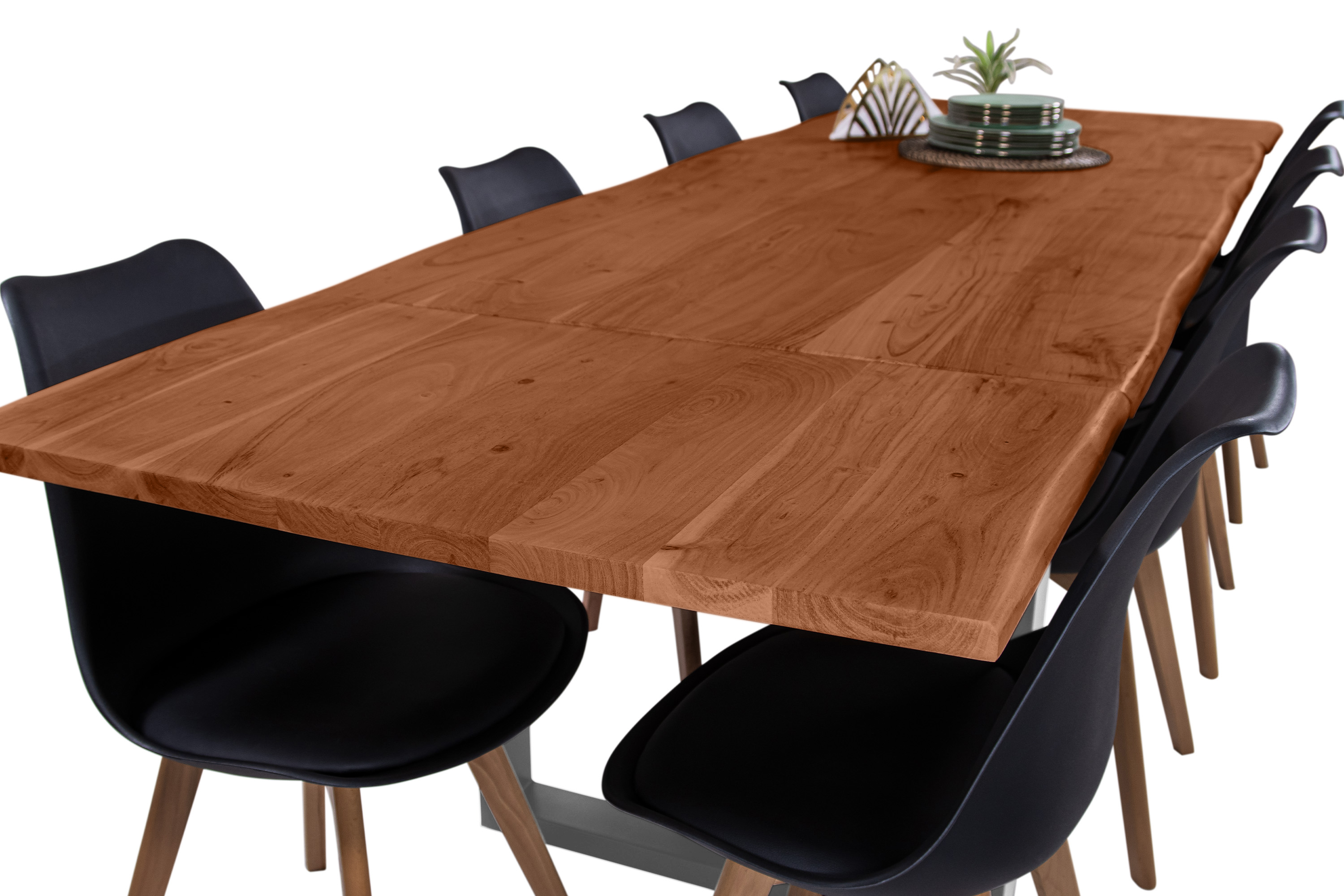 Esstisch Baumkante Akazie nuss 160(260)x90 Ansteckplatten U-Gestell silber AVINO