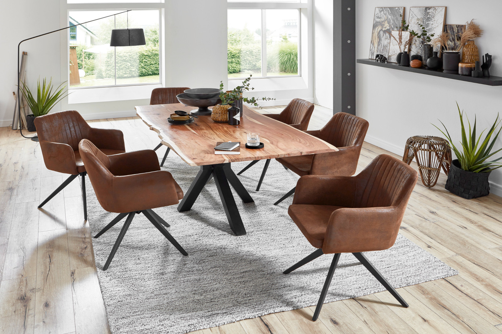 Esstisch Baumkante massiv Akazie natur 160 cm Spider-Gestell schwarz QUINCY