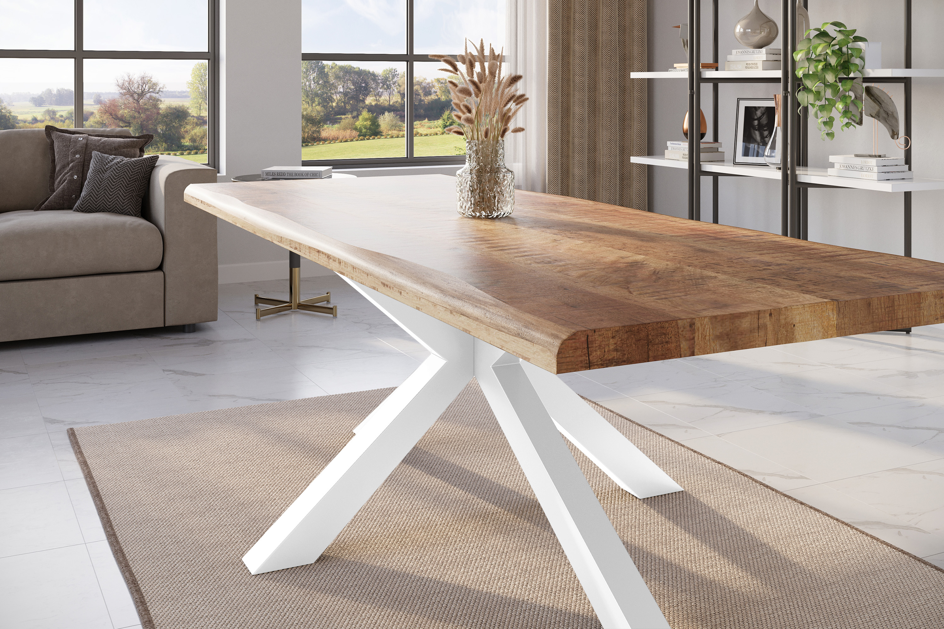 Esstisch Baumkante massiv Mango rough 280 x 100 Spider-Gestell weiß ATLAS
