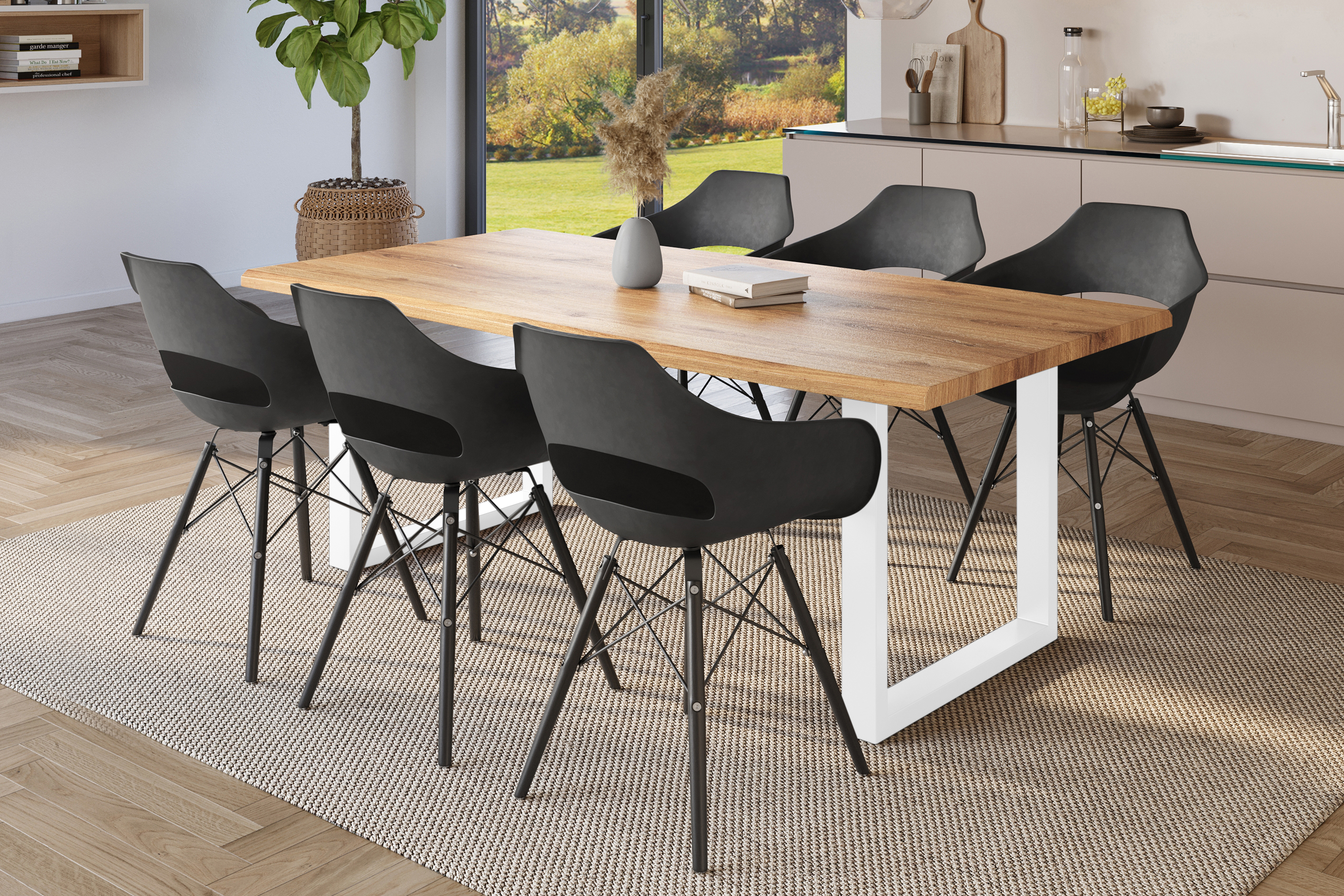 Esstisch Baumkante Holz-Optik Wildeiche 220 x 100 U-Gestell weiß JULIUS