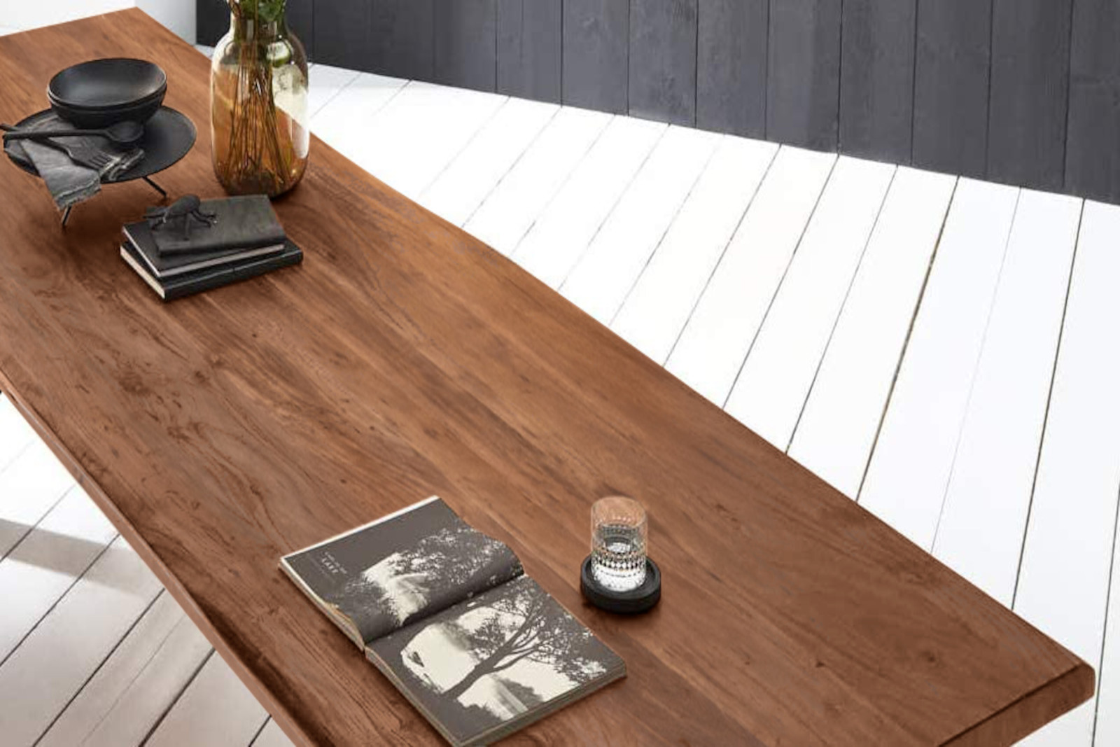  Esstisch Baumkante massiv Akazie nussbaumfarben 300 x 110 silber VALIN