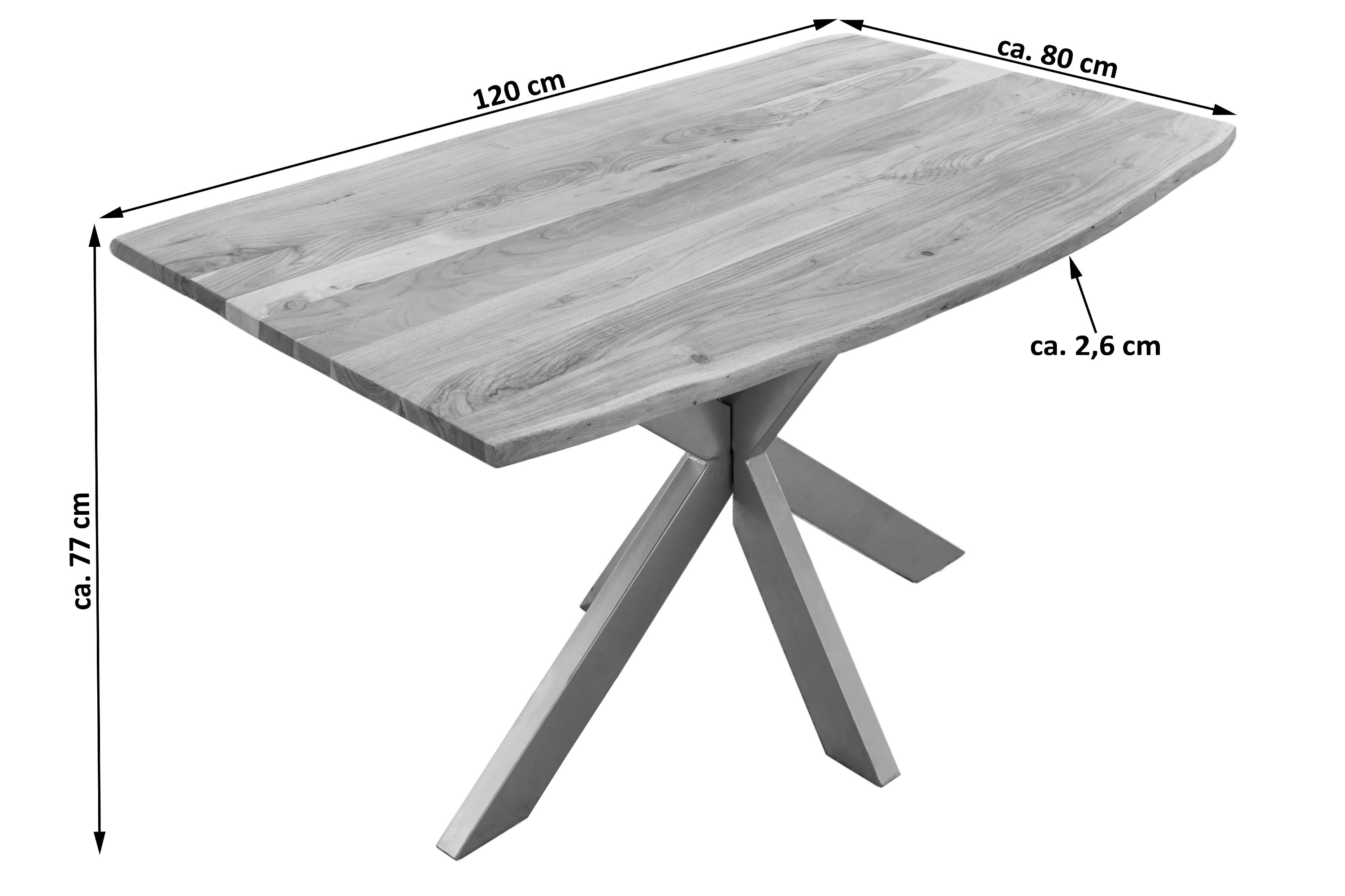 Esstisch Baumkante massiv Akazie natur 120 x 80 cm Spider-Gestell silber Kalea