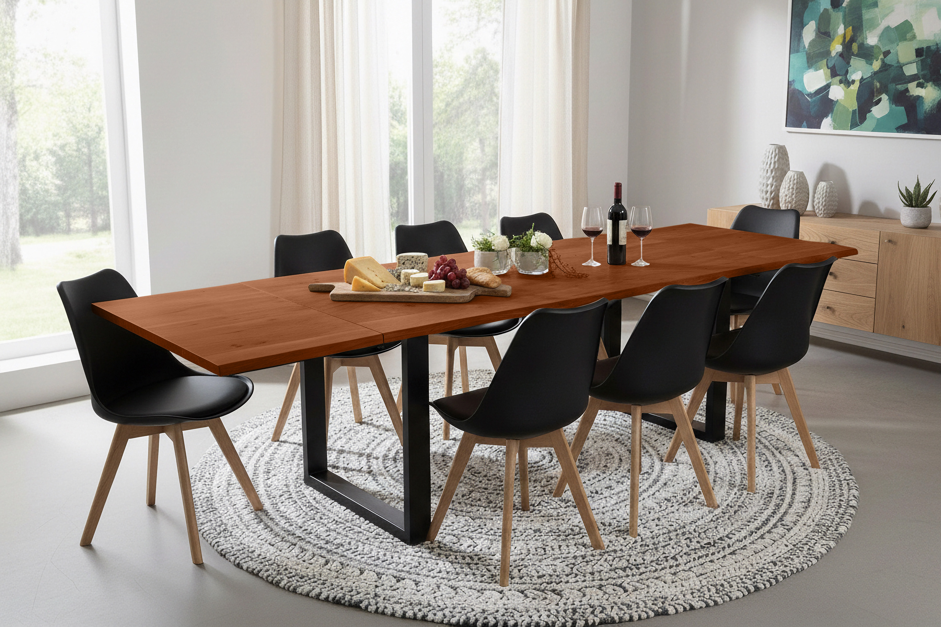 Esstisch Baumkante Akazie nuss 180(280)x90 Ansteckplatten U-Gestell schwarz AVINO