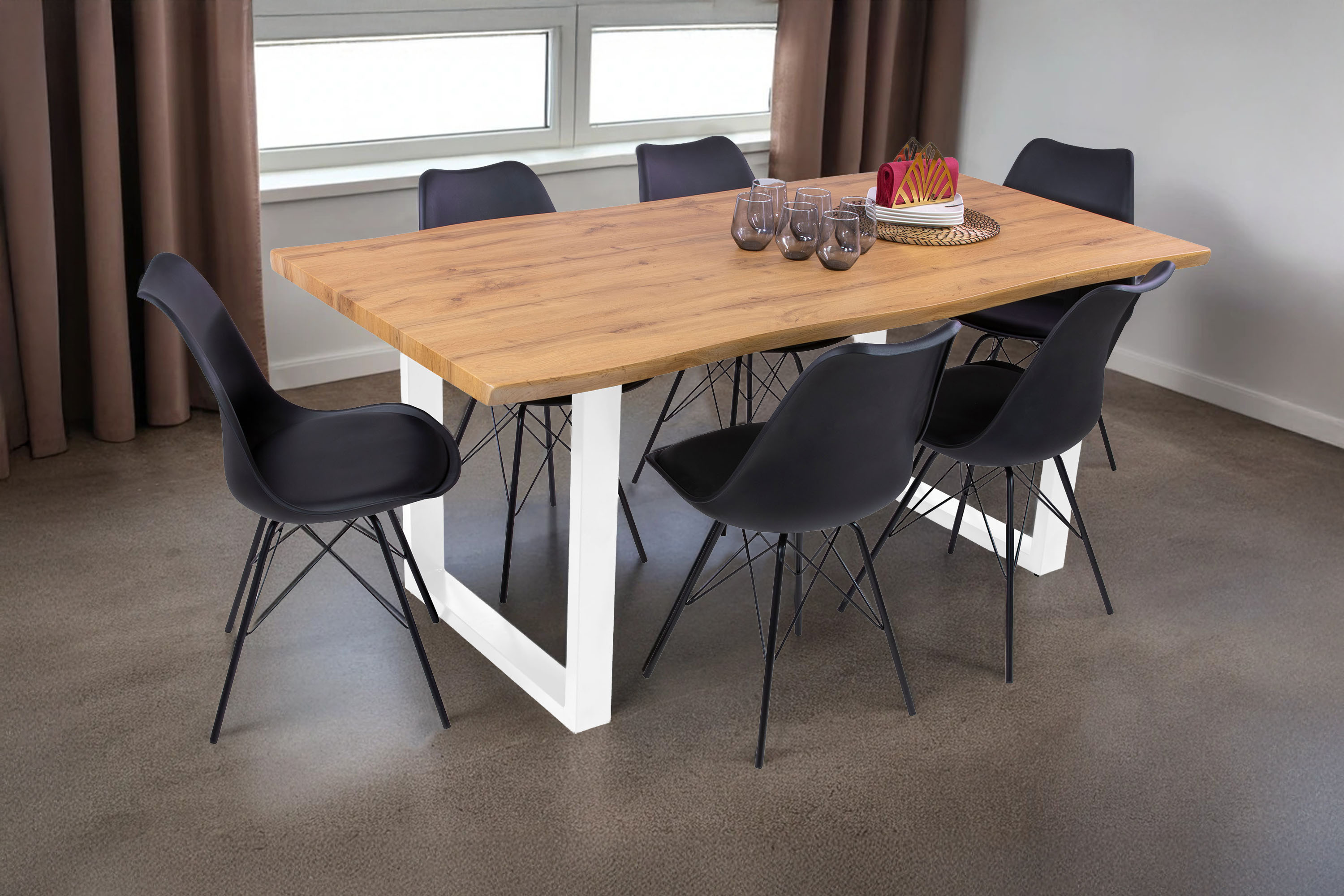 Esstisch Baumkante Holz-Optik Wildeiche 180 x 90 U-Gestell weiß JOSY