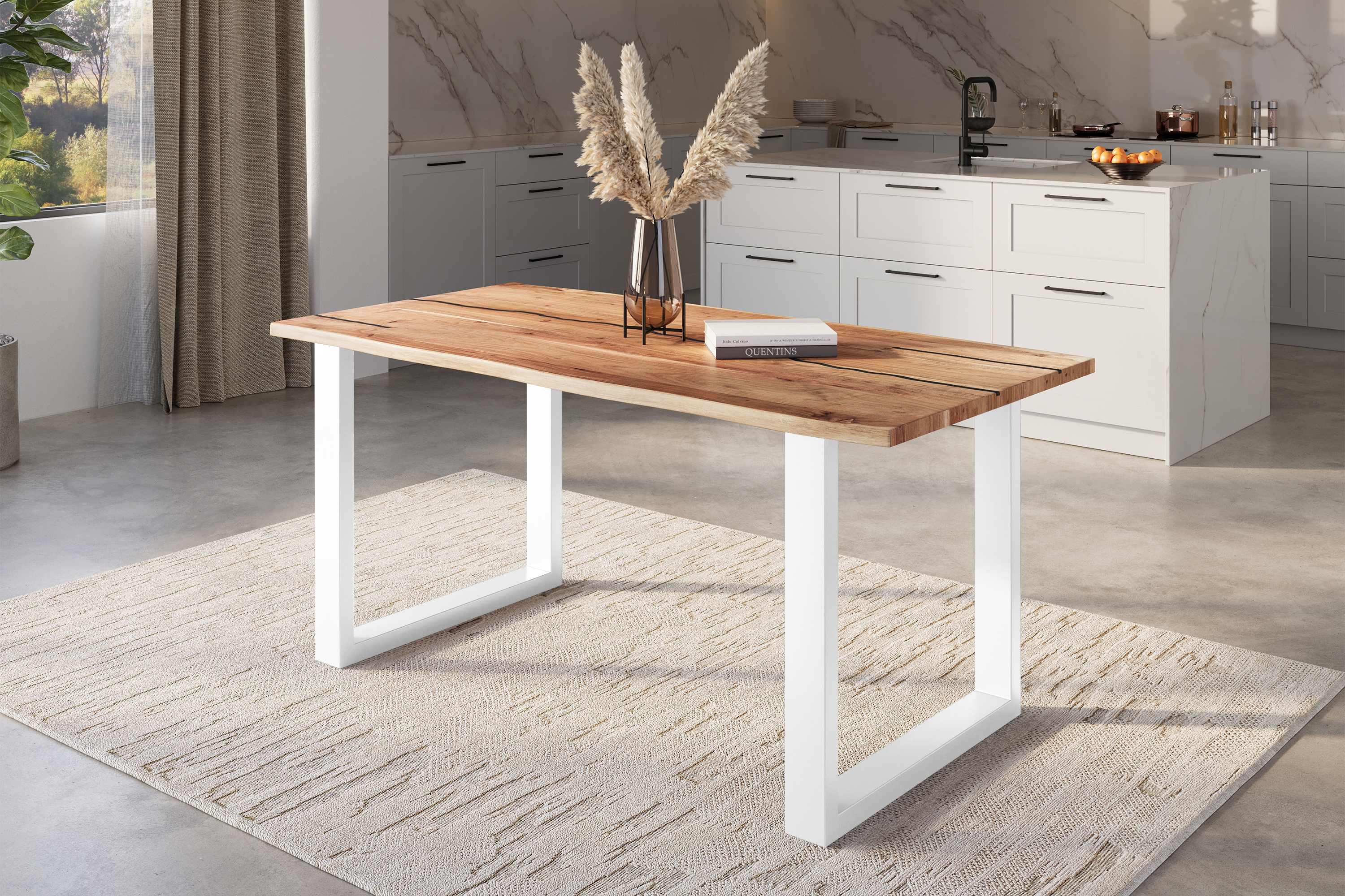 Baumkantentisch Akazie mit schwarzen Resin-Adern naturfarben 120 x 80 cm U-Gestell weiß POLLY