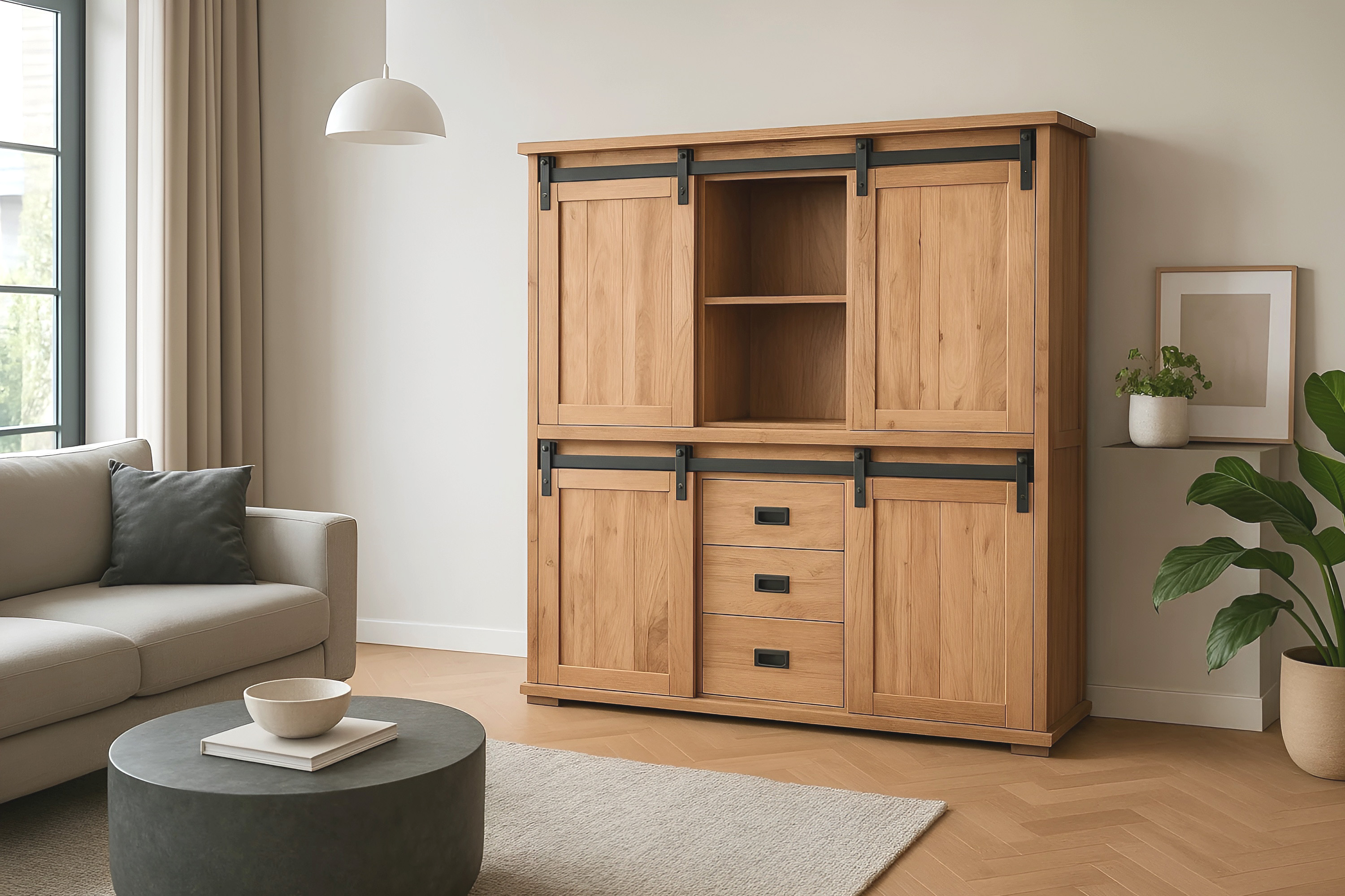 Highboard 150 x 160 x 45 cm Akazienholz massiv naturfarben ohne Baumkante LIAN 1