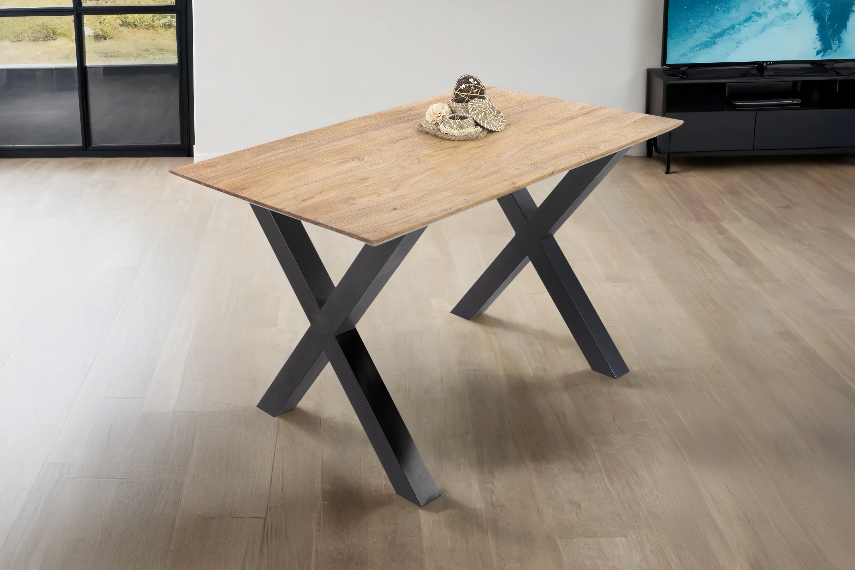 Esstisch 160x85cm Akazie massiv eichenfarben schweizer Kante X-Gestell schwarz DEAN
