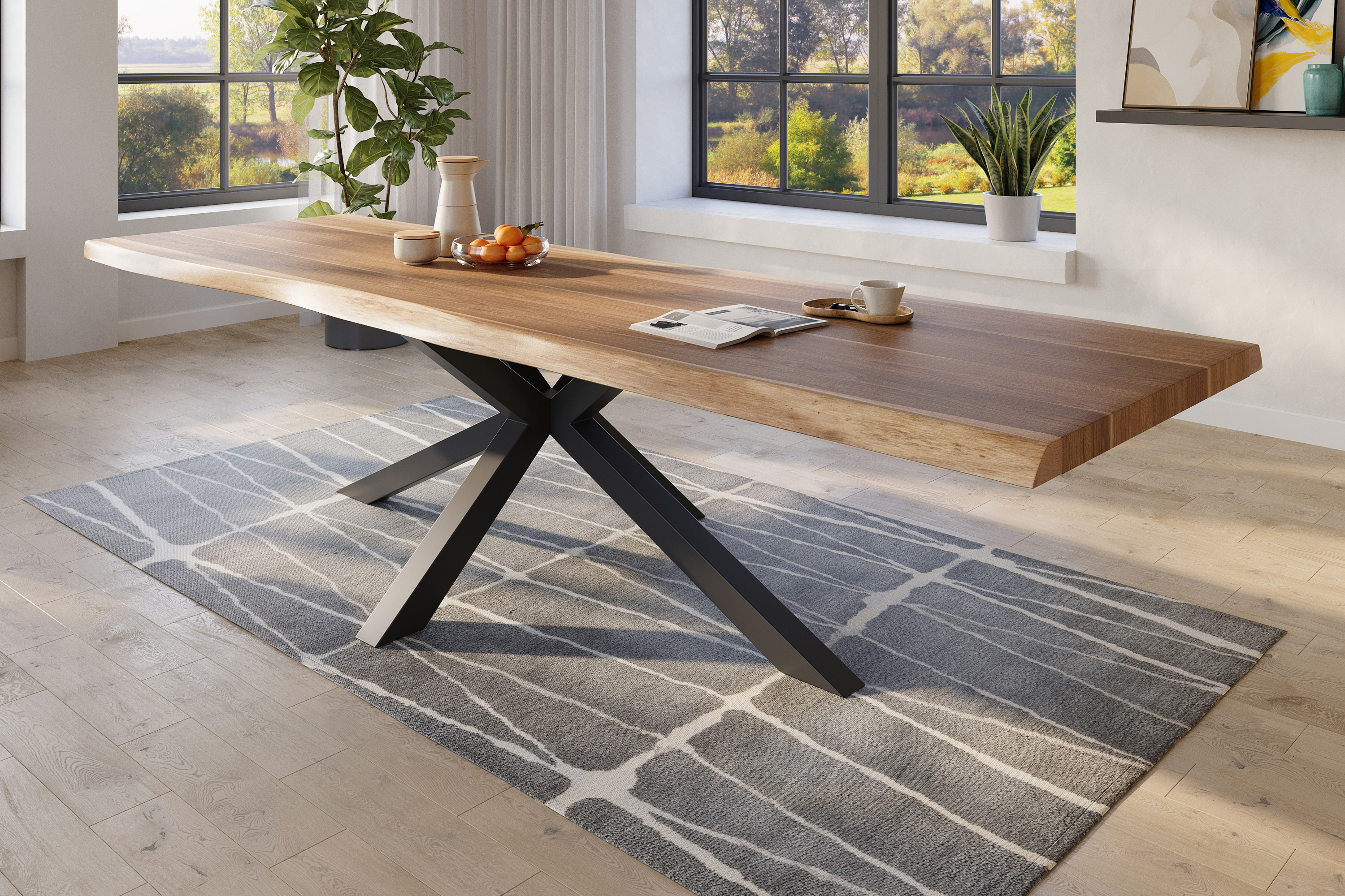 Esstisch Baumkante massiv Akazie natur 300 x 110 Spider-Gestell Metall schwarz TITAN