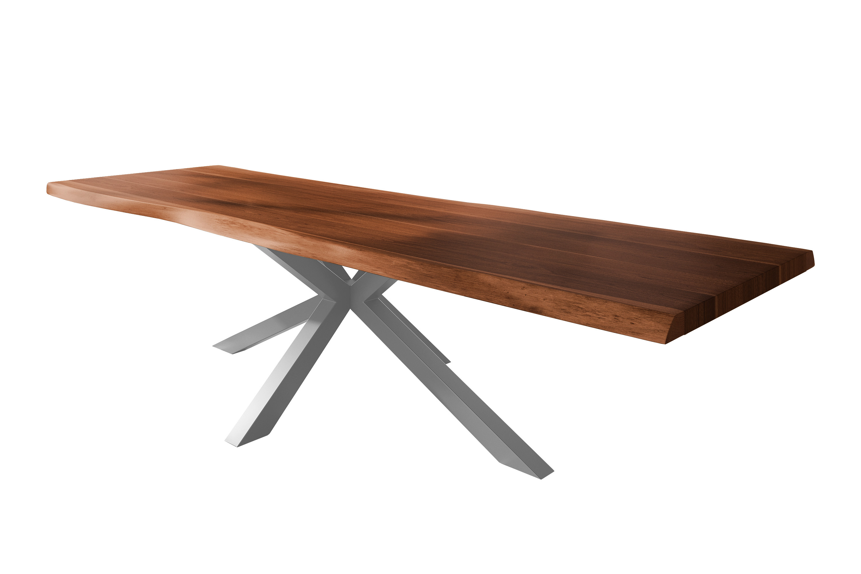 Esstisch Baumkante massiv Akazie nussbaumfarben 300 x 110 Spider-Gestell Metall silber TITAN